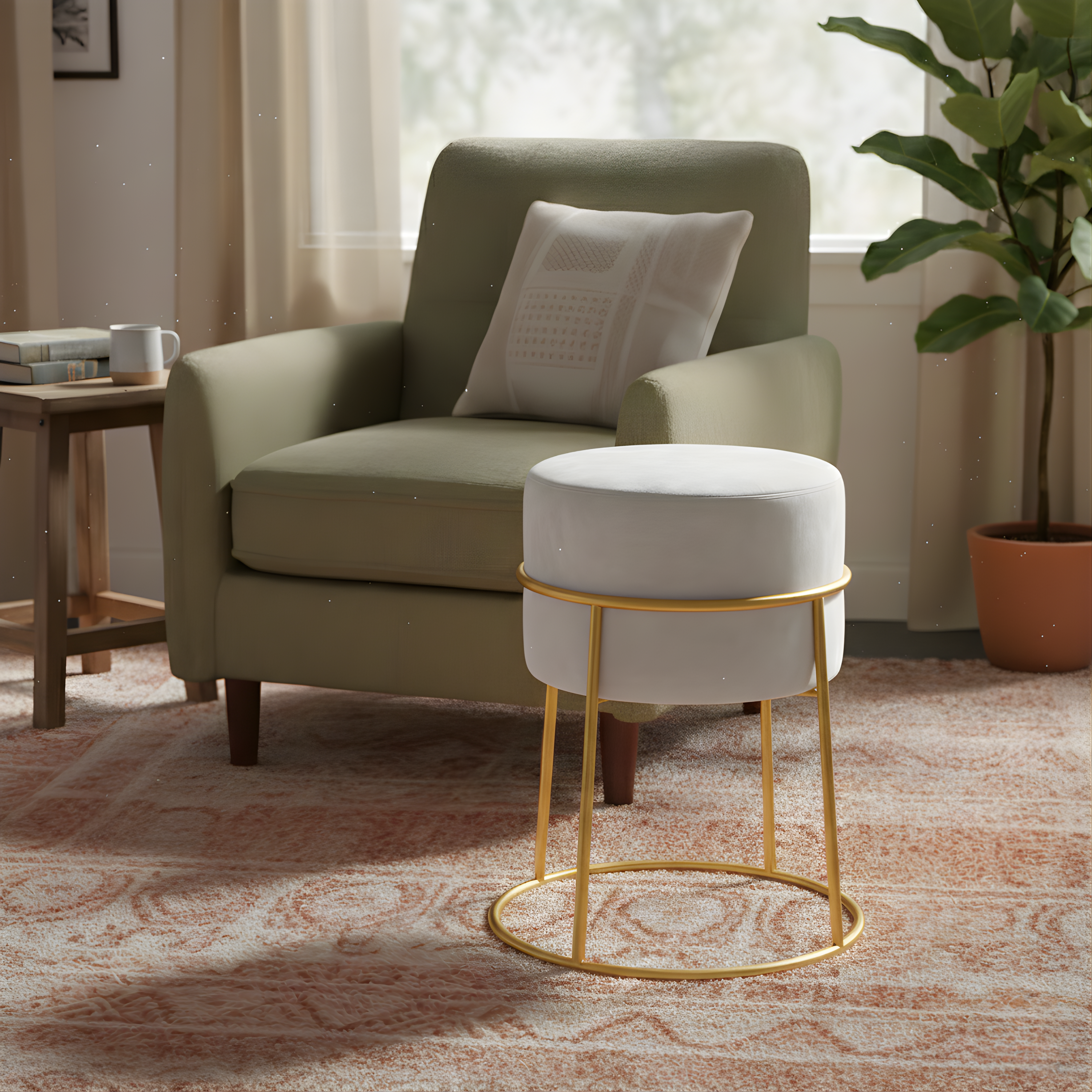 Stylish round ottoman with golden legs, portable comfort stool.
