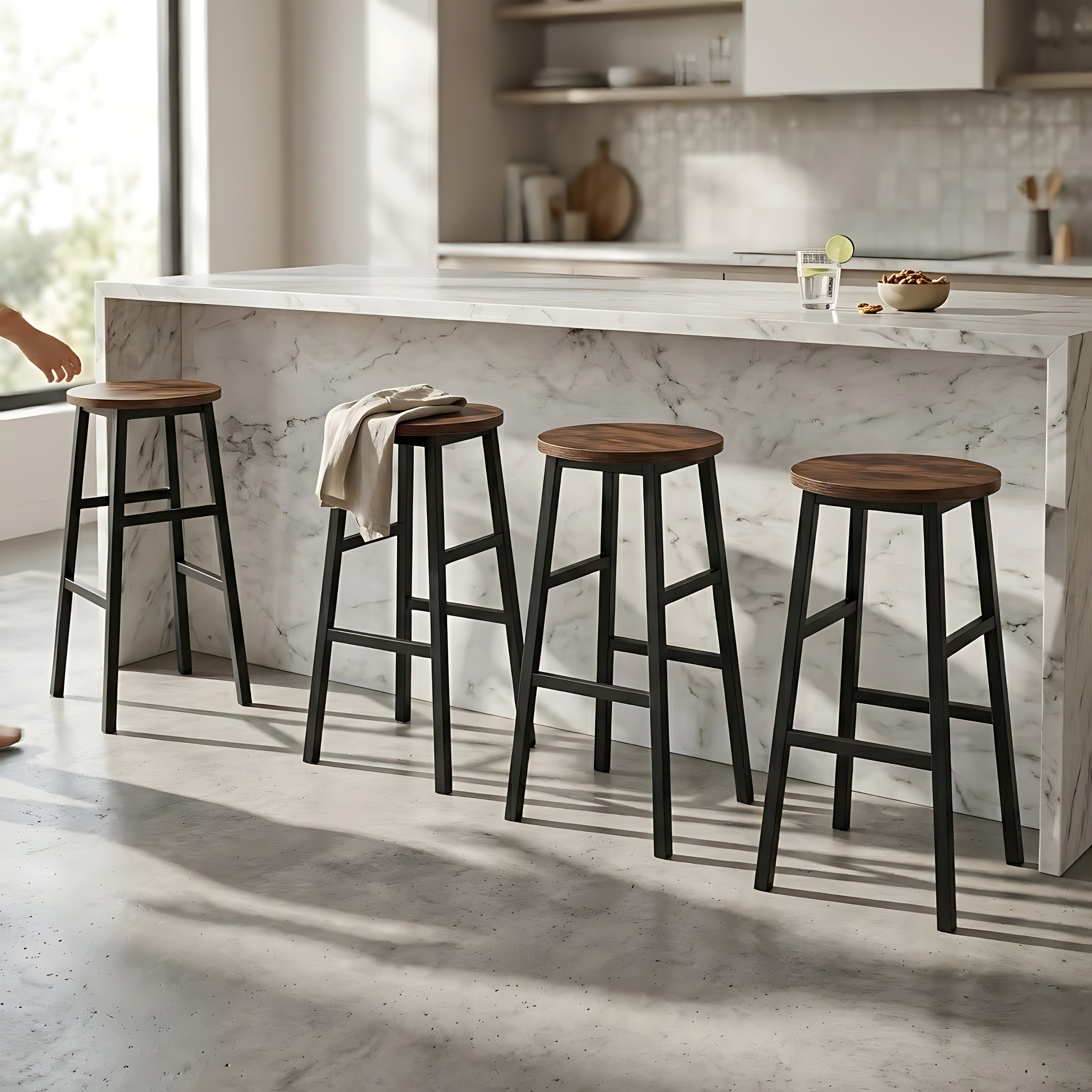 Wooden Top Tall Bar Stool with Metal Frame & Footrest | Kitchen Counter Seating