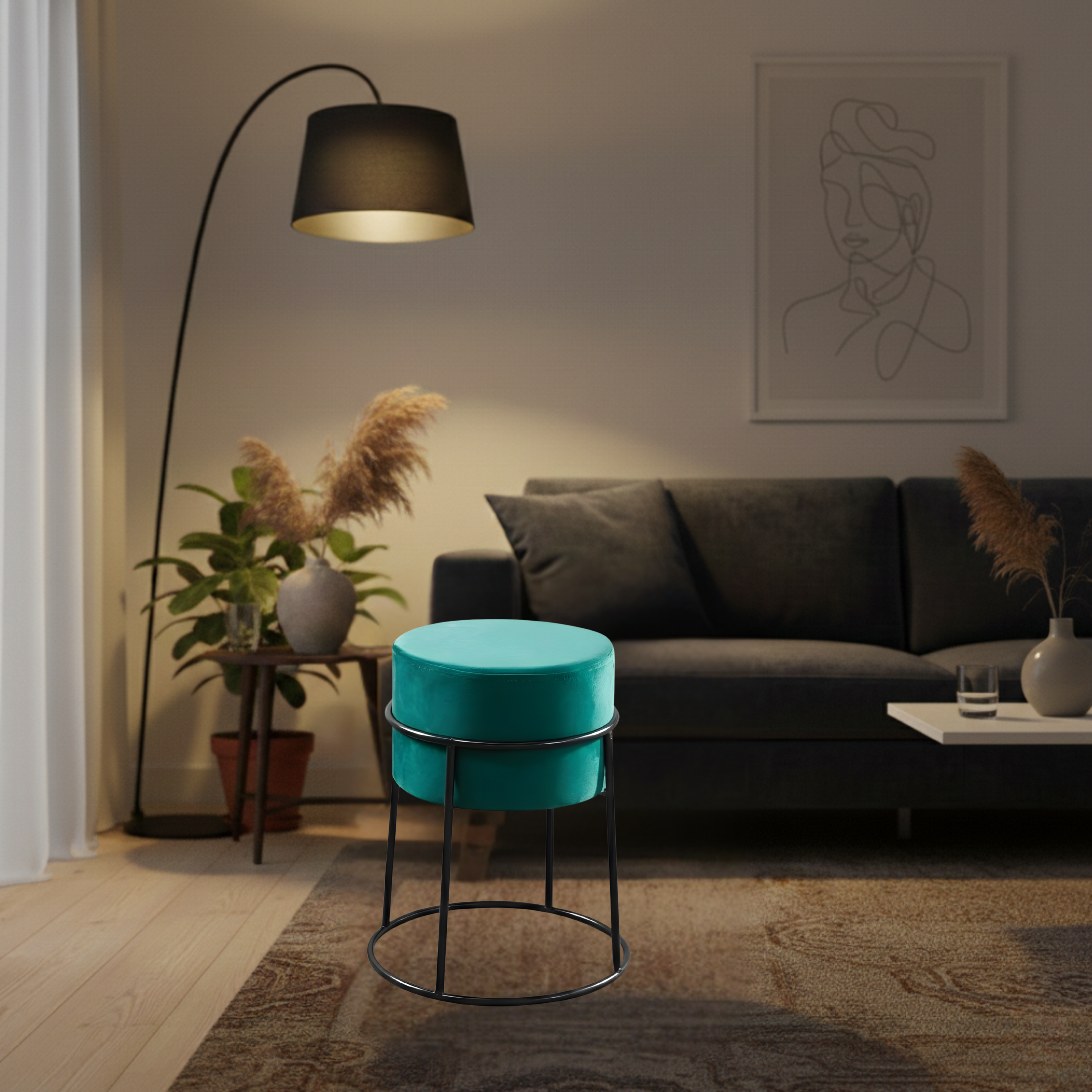 Stylish round ottoman with golden legs, portable comfort stool.