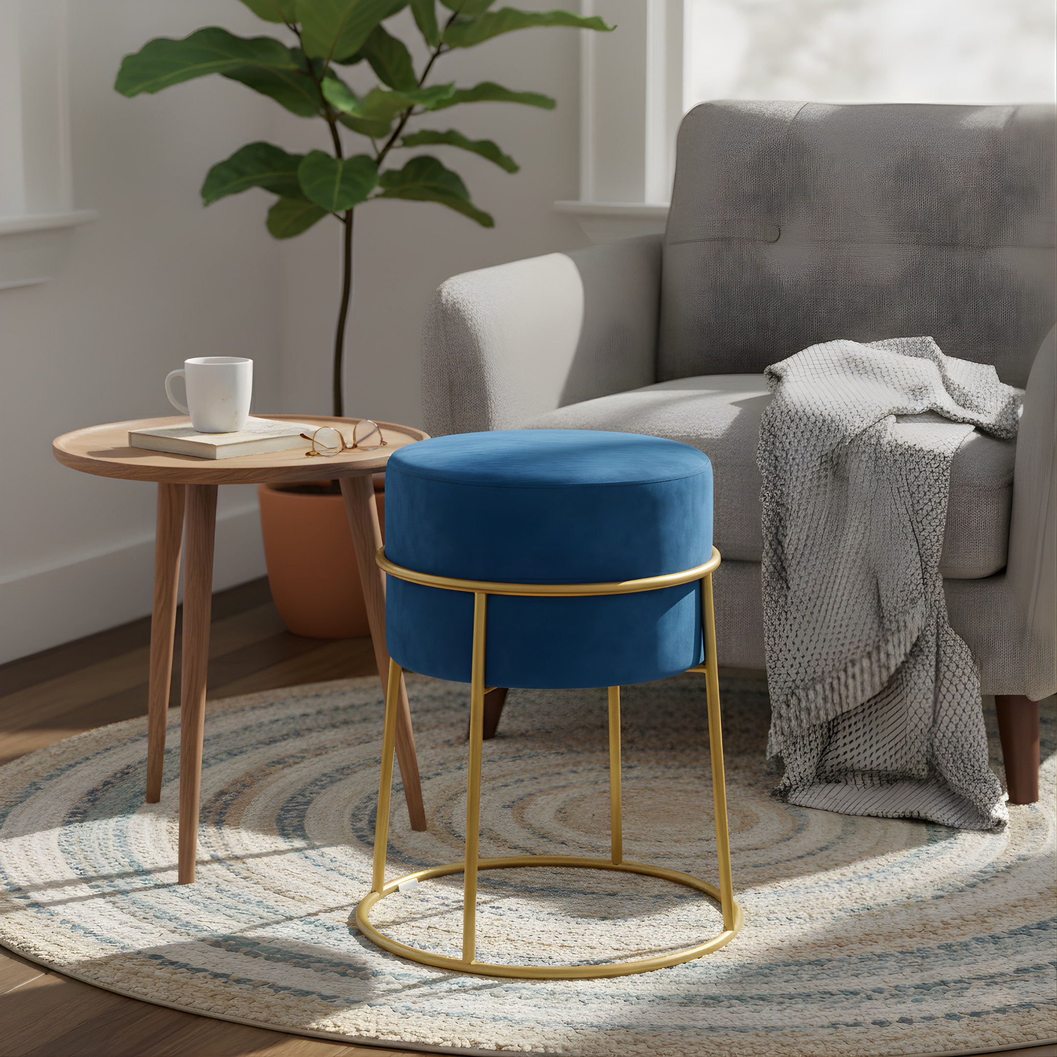 Stylish round ottoman with golden legs, portable comfort stool.