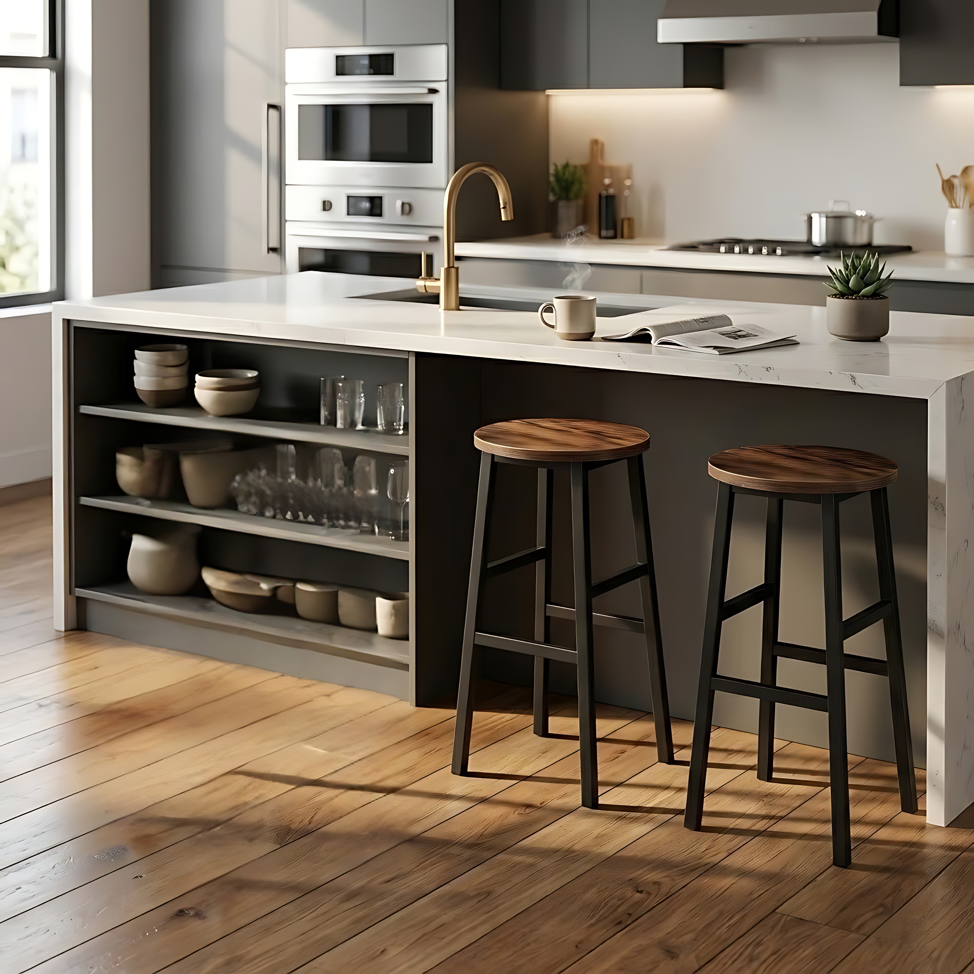 Wooden Top Tall Bar Stool with Metal Frame & Footrest | Kitchen Counter Seating