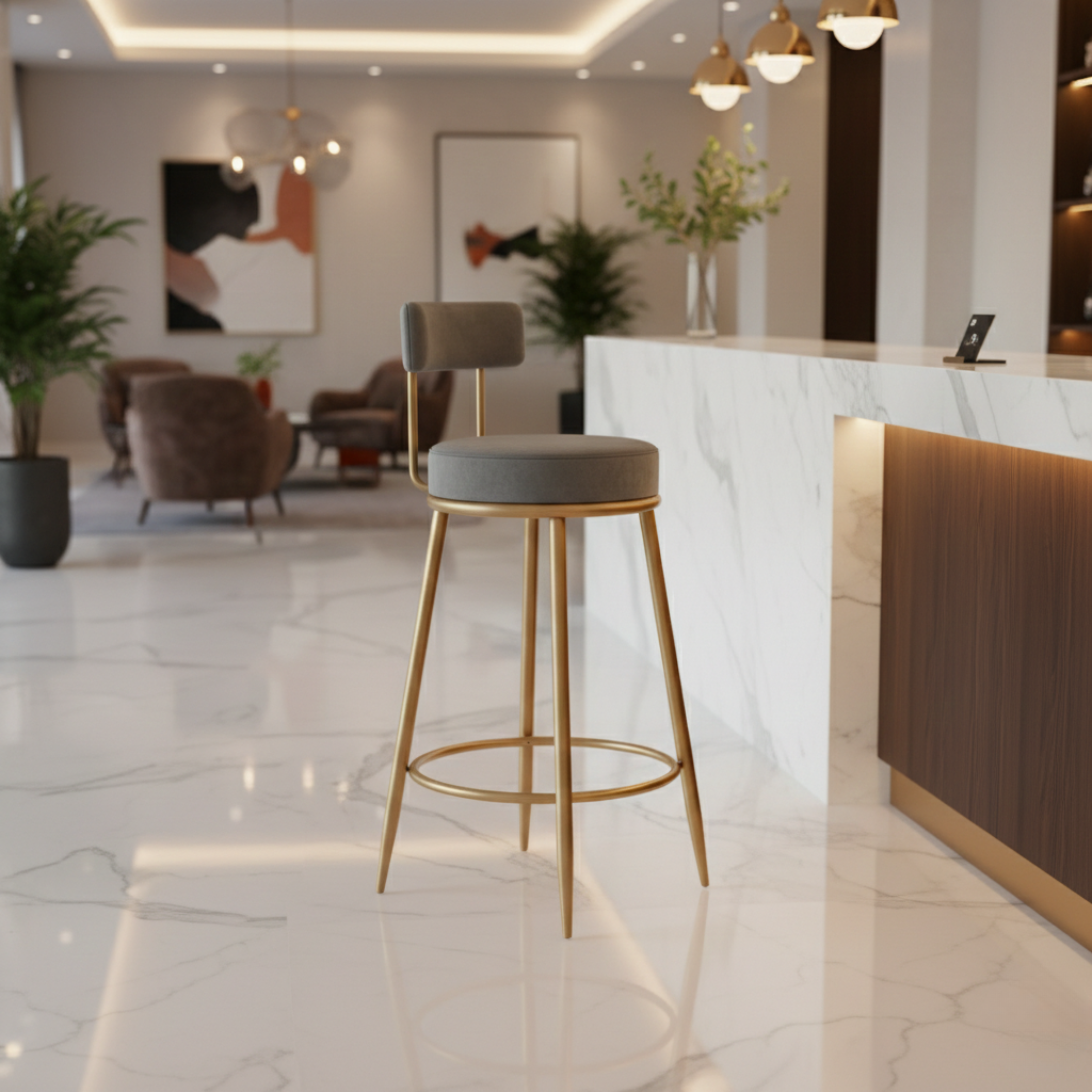 Velvet Counter Stool with Padded Backrest with Black & Gold Legs | Kitchen & Bar Seating