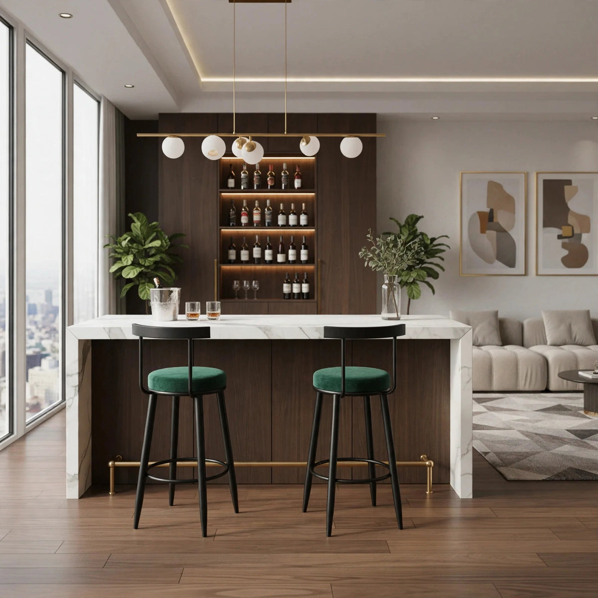 Nutech Decor Velvet Counter Height Bar Stool with Solid Backrest with Black & Gold Legs | Kitchen & Bar Seating
