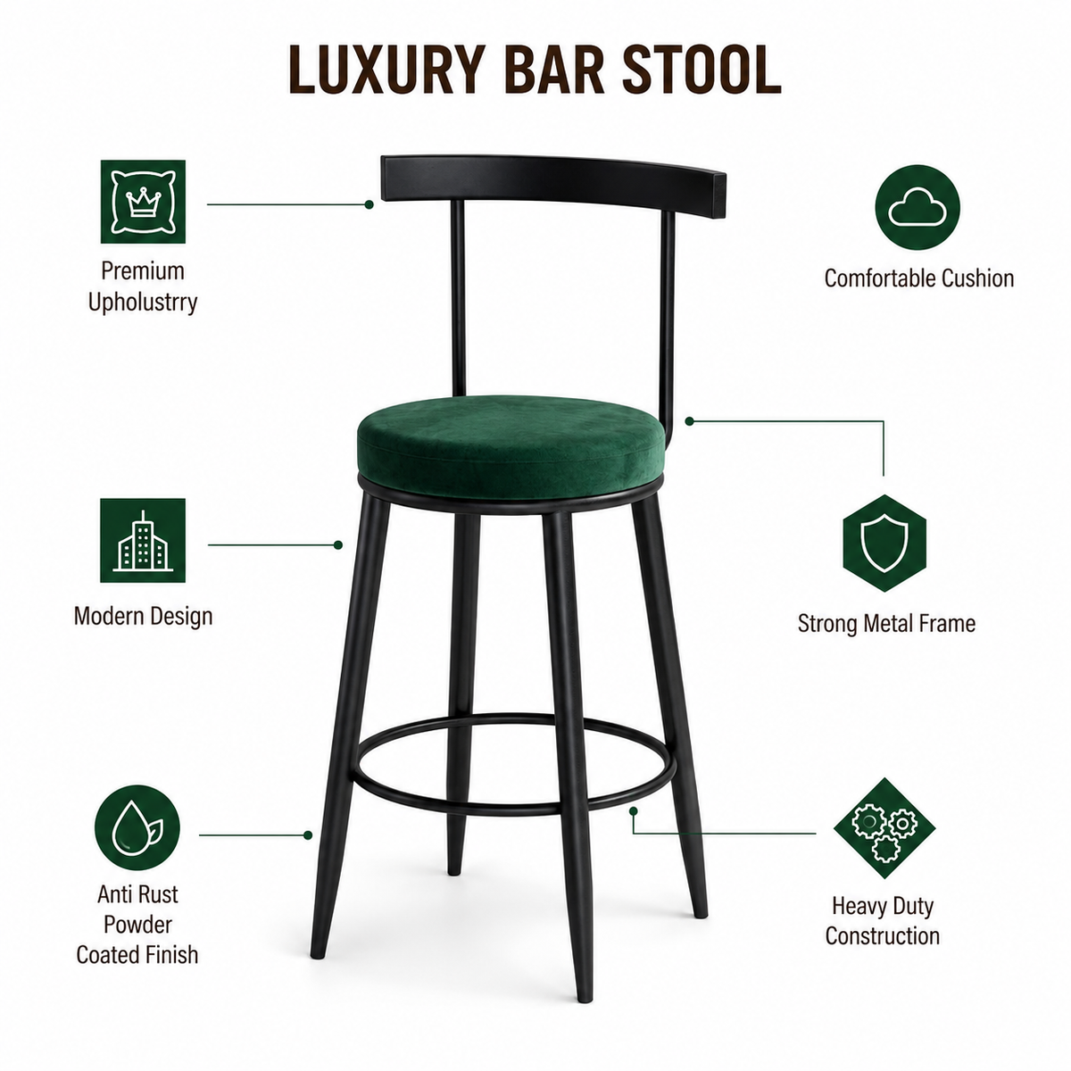Nutech Decor Velvet Counter Height Bar Stool with Solid Backrest with Black Legs | Kitchen & Bar Seating