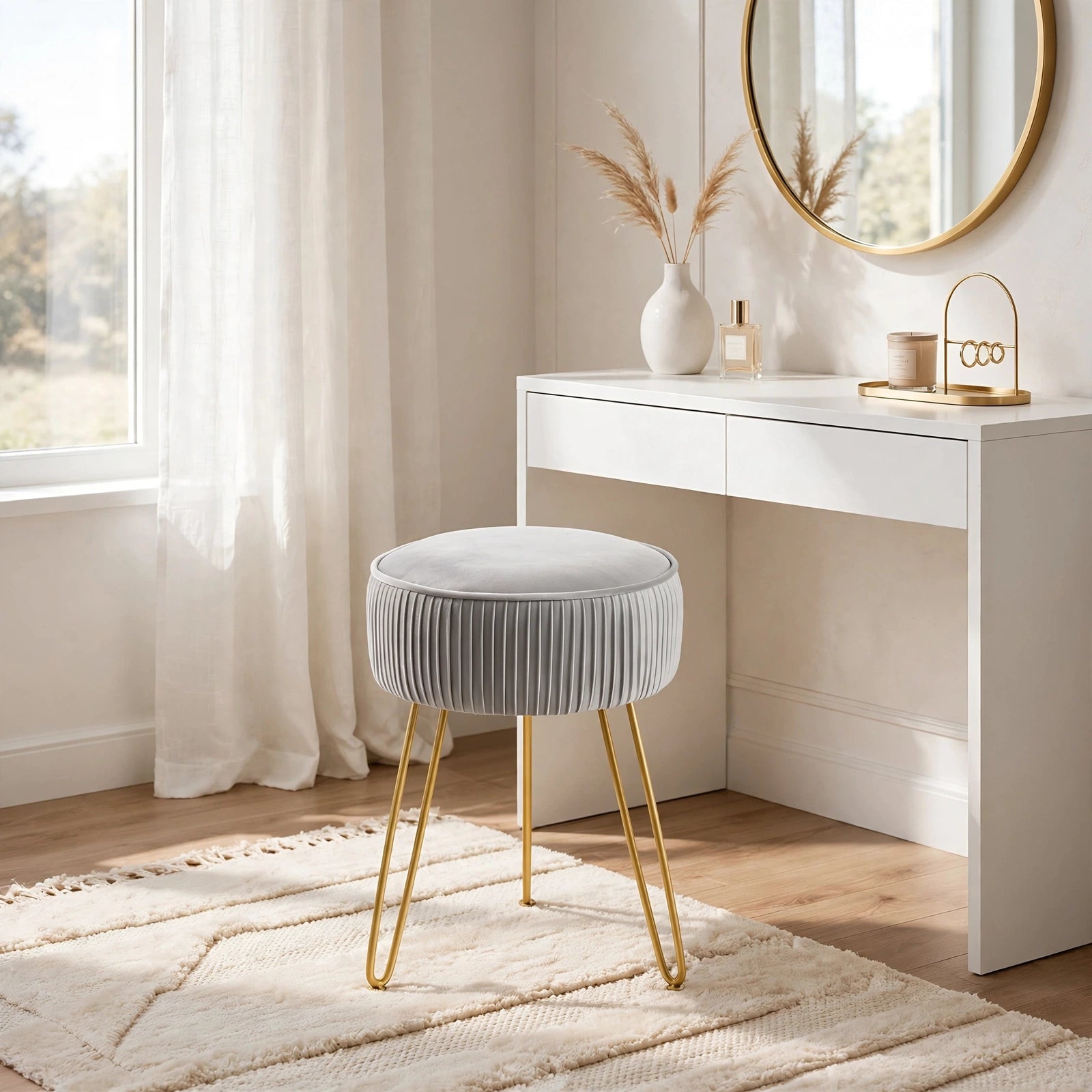 Pleated Velvet Vanity Stool with Gold Metal Legs | Upholstered Makeup Ottoman for Bedroom & Living Room