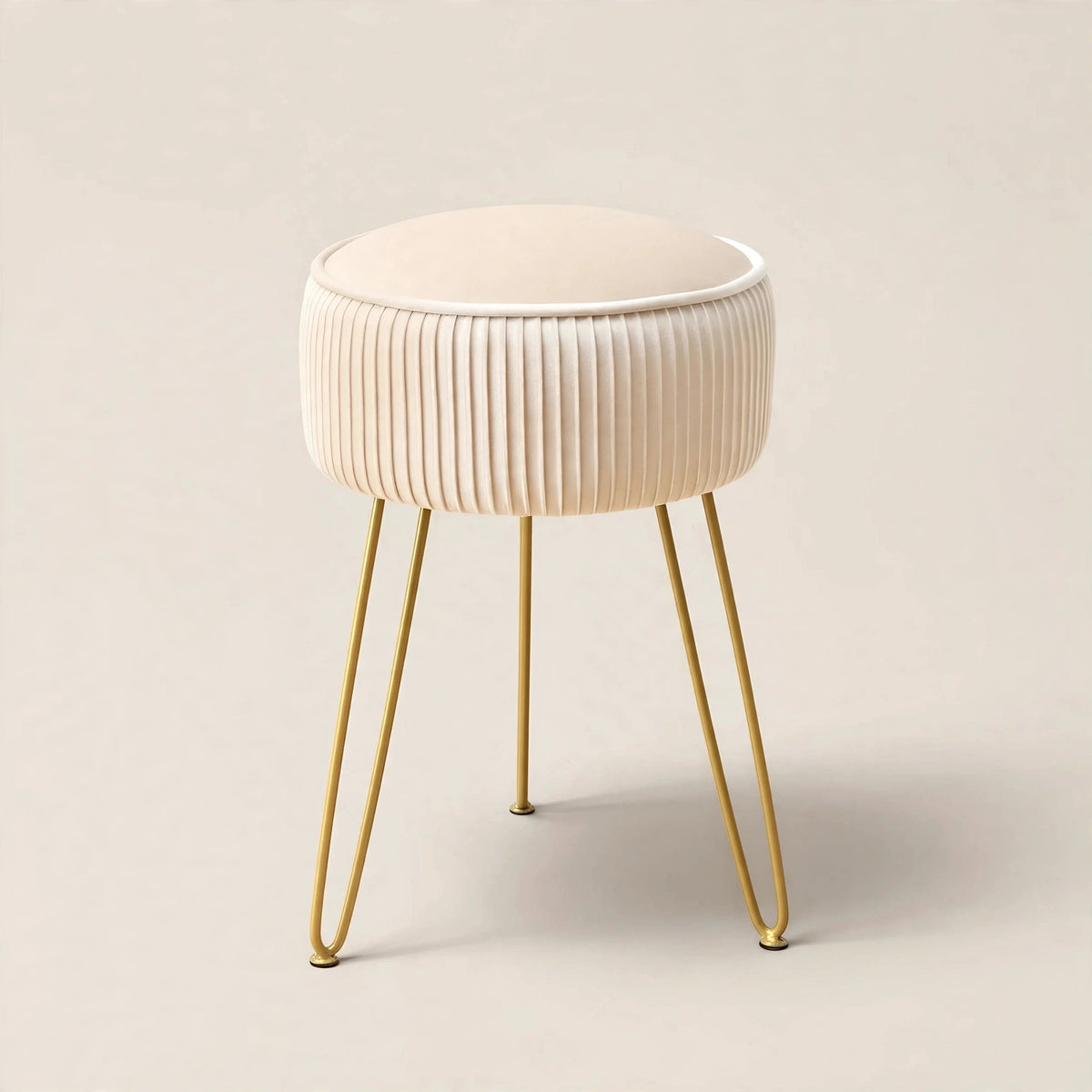 Pleated Velvet Vanity Stool with Gold Metal Legs | Upholstered Makeup Ottoman for Bedroom & Living Room