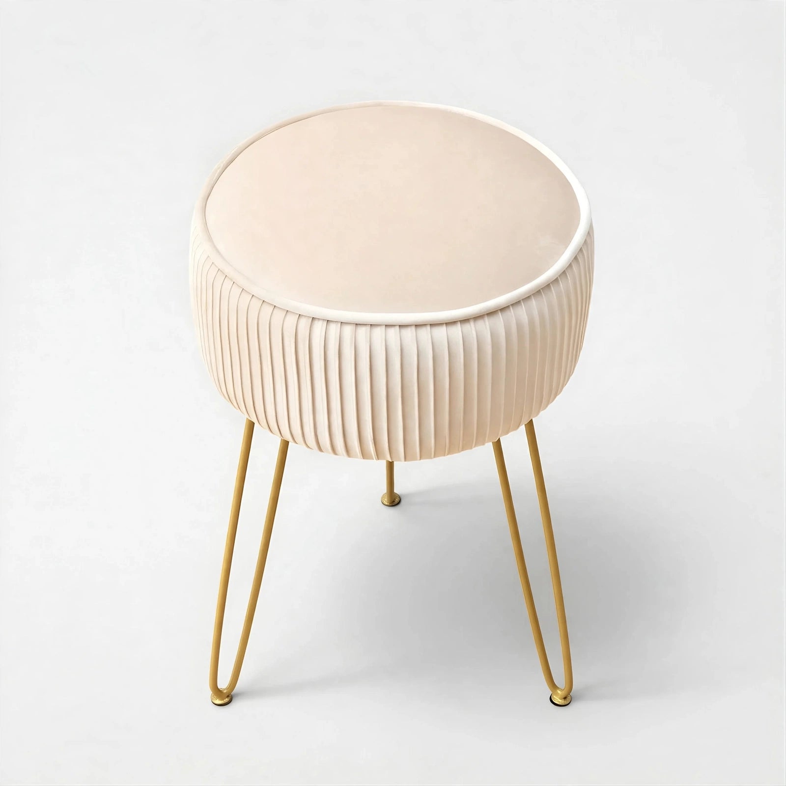 Pleated Velvet Vanity Stool with Gold Metal Legs | Upholstered Makeup Ottoman for Bedroom & Living Room