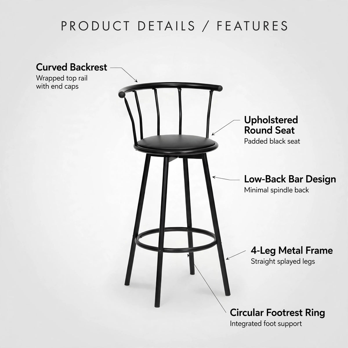 Modern Counter Height Bar Chair with Backrest & Footrest | Premium Metal Frame