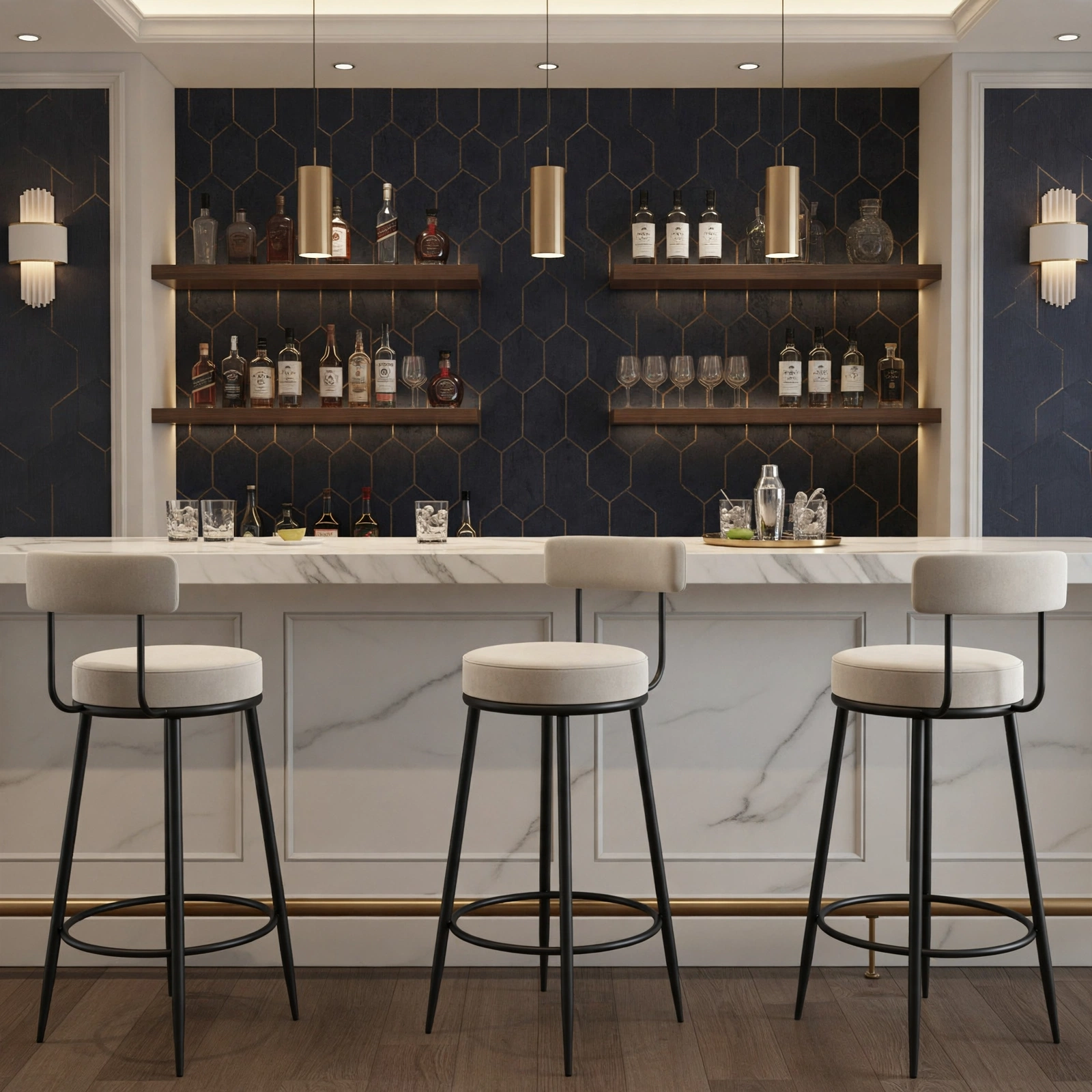 Nutech Decor Velvet Counter Height Bar Stool with Padded Backrest with Black & Gold Legs | Kitchen & Bar Seating