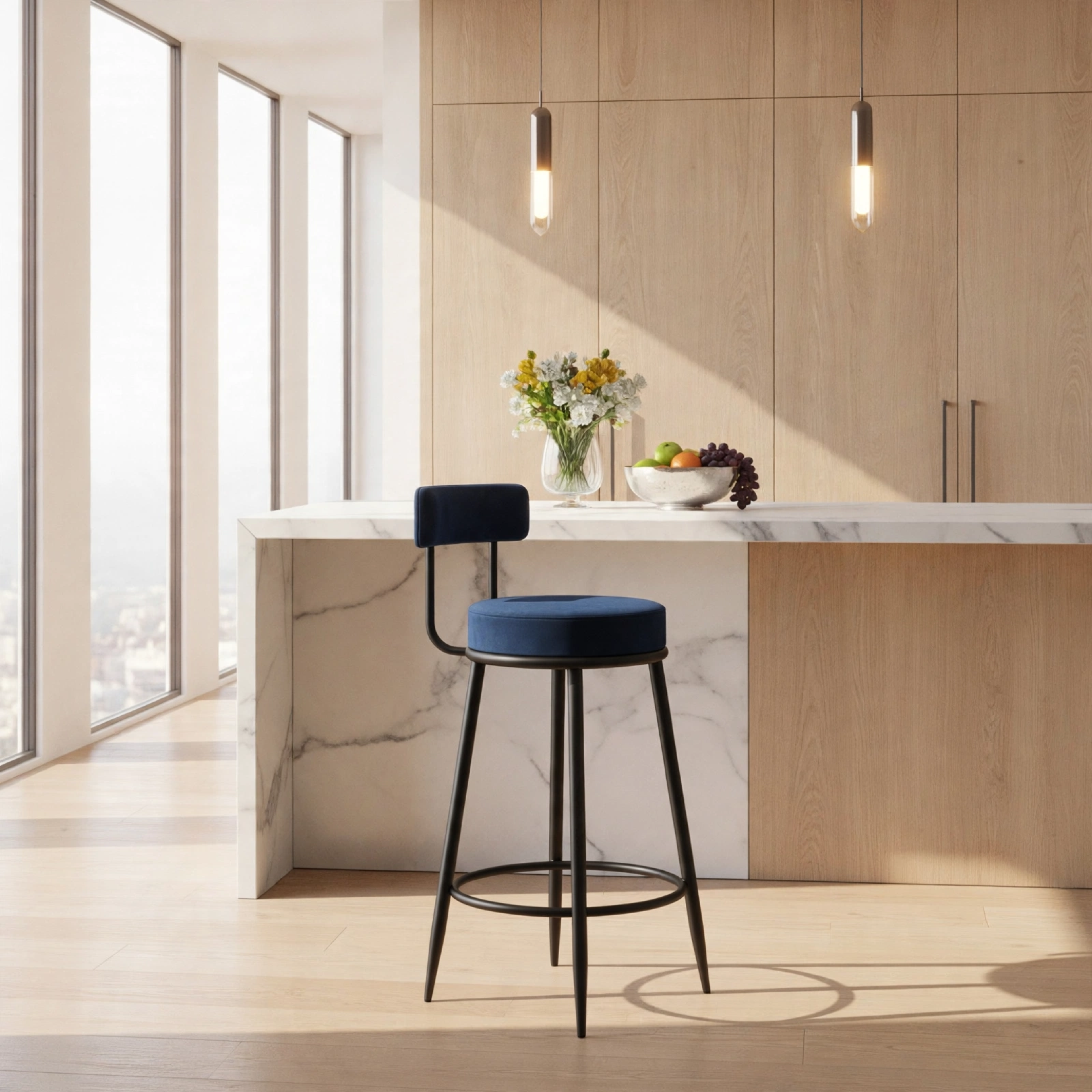 Nutech Decor Velvet Counter Height Bar Stool with Padded Backrest with Black & Gold Legs | Kitchen & Bar Seating