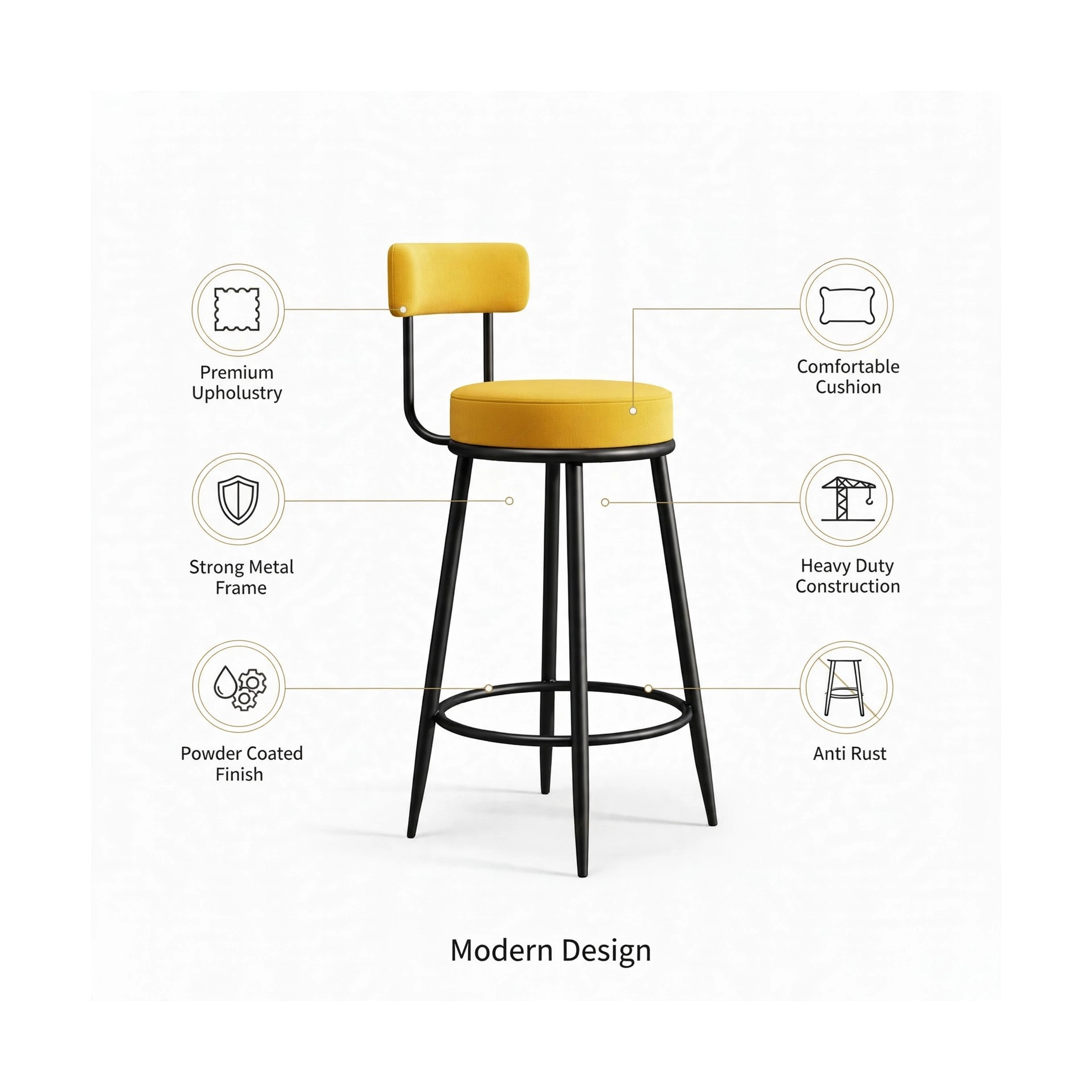 Nutech Decor Velvet Counter Height Bar Stool with Padded Backrest with Black & Gold Legs | Kitchen & Bar Seating