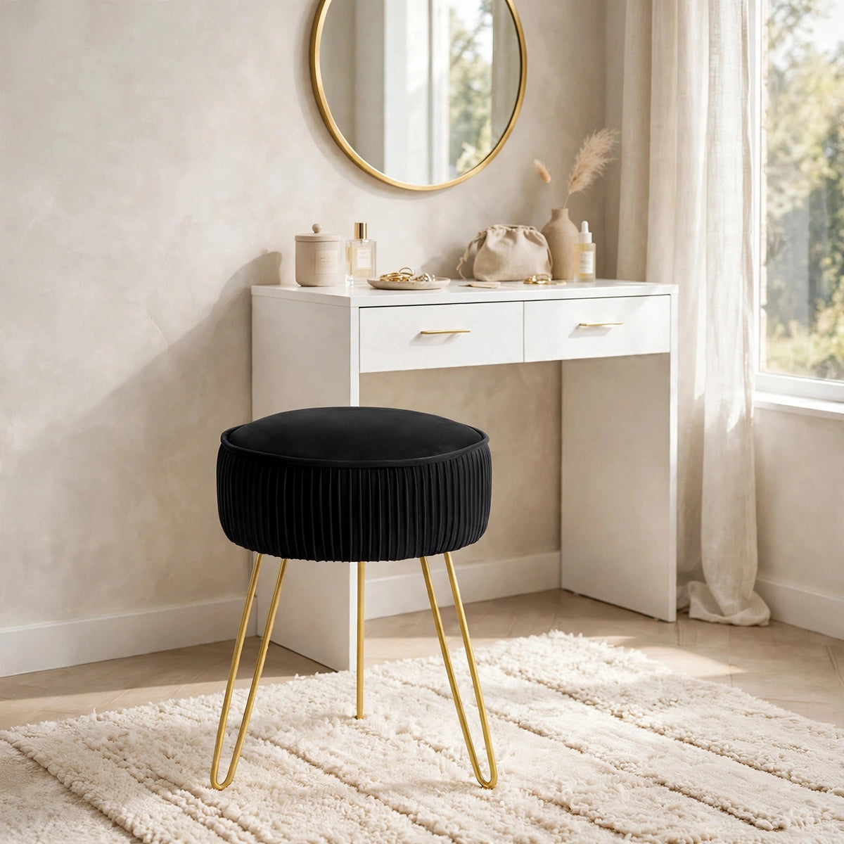 Pleated Velvet Vanity Stool with Gold Metal Legs | Upholstered Makeup Ottoman for Bedroom & Living Room