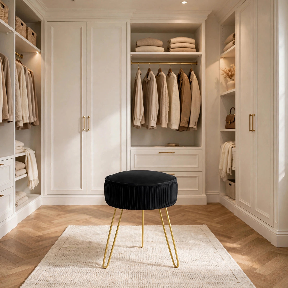 Pleated Velvet Vanity Stool with Gold Metal Legs | Upholstered Makeup Ottoman for Bedroom & Living Room