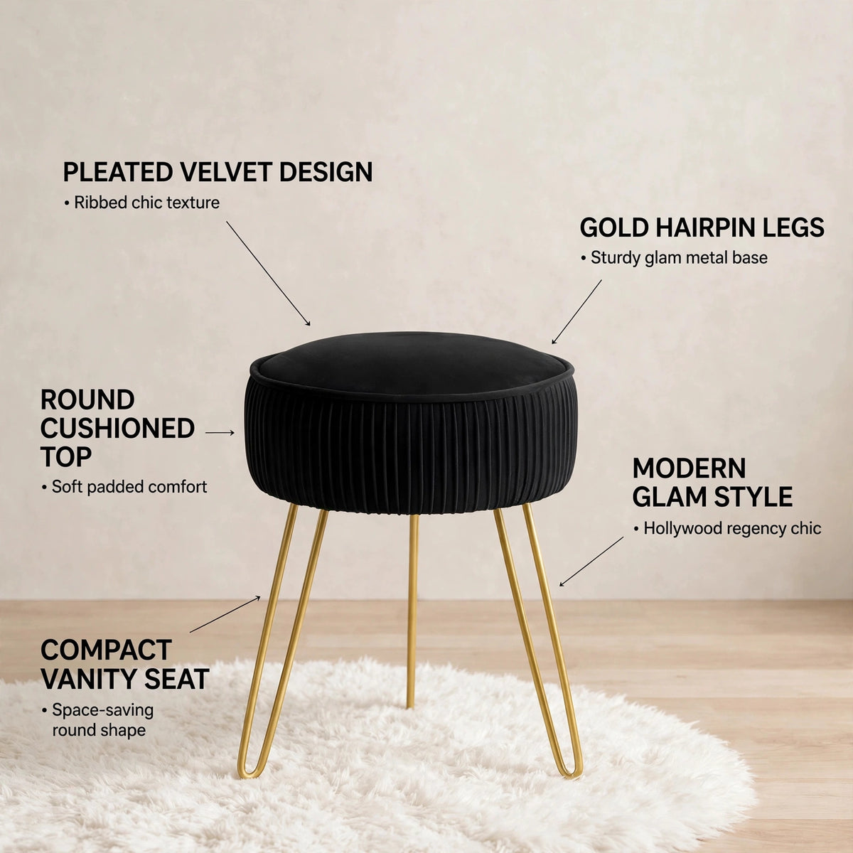 Pleated Velvet Vanity Stool with Gold Metal Legs | Upholstered Makeup Ottoman for Bedroom & Living Room