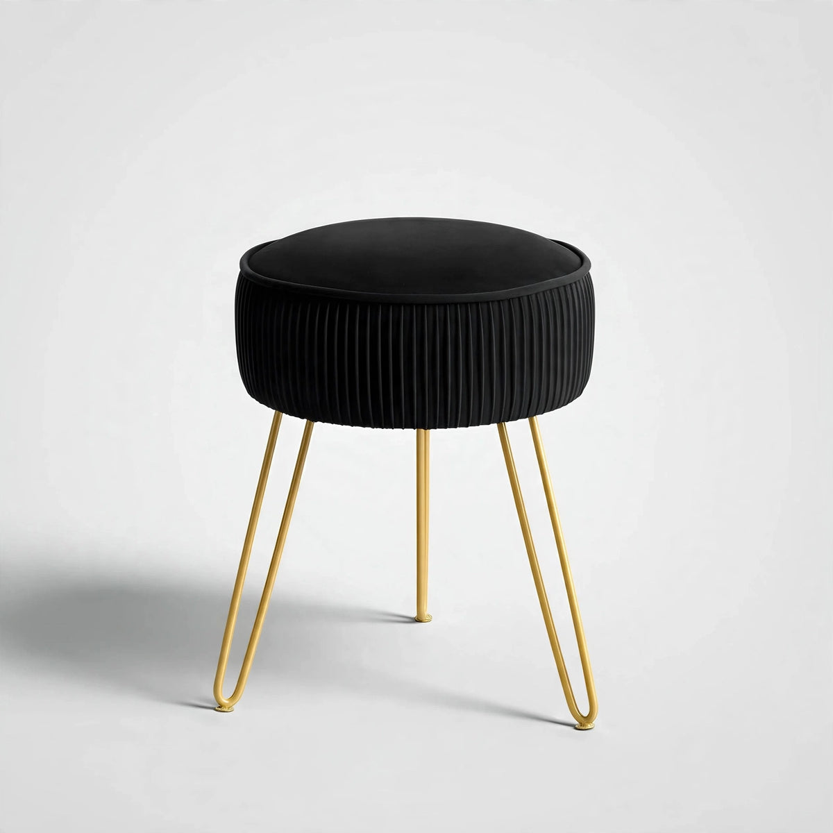 Pleated Velvet Vanity Stool with Gold Metal Legs | Upholstered Makeup Ottoman for Bedroom & Living Room