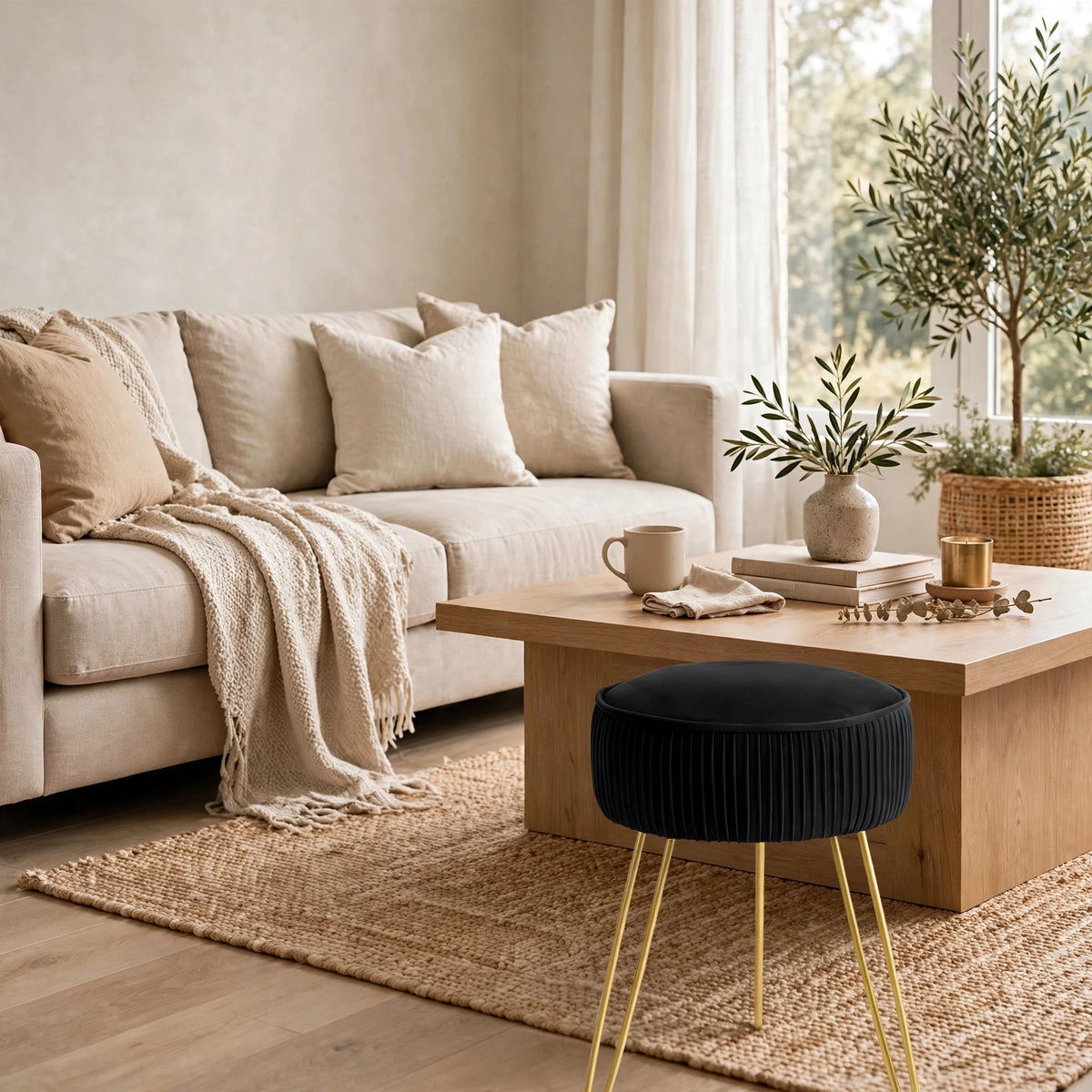 Pleated Velvet Vanity Stool with Gold Metal Legs | Upholstered Makeup Ottoman for Bedroom & Living Room