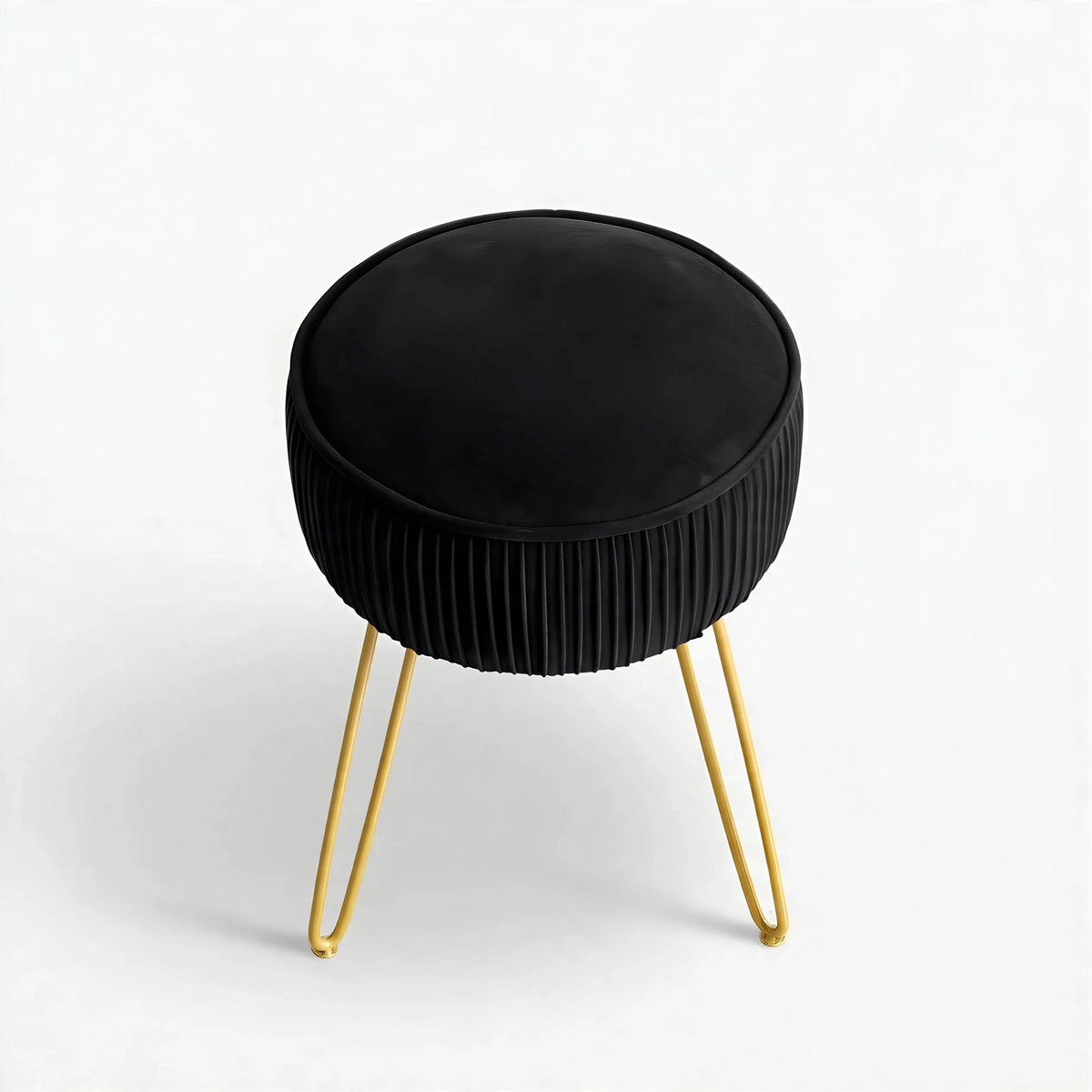 Pleated Velvet Vanity Stool with Gold Metal Legs | Upholstered Makeup Ottoman for Bedroom & Living Room