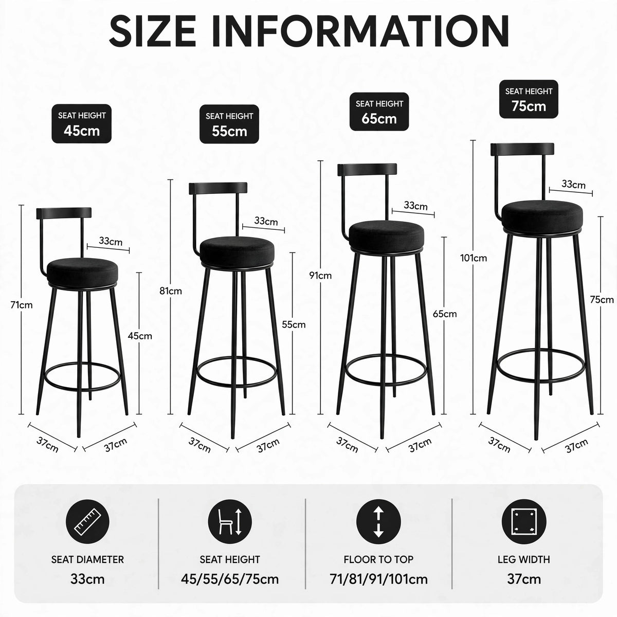 Nutech Decor Velvet Counter Height Bar Stool with Solid Backrest with Black Legs | Kitchen & Bar Seating