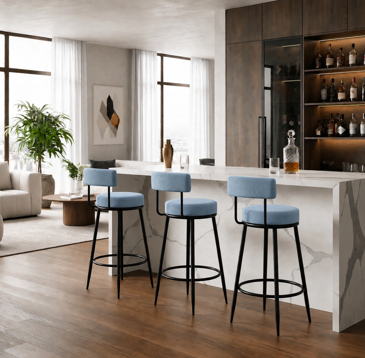 Nutech Decor Velvet Counter Height Bar Stool with Padded Backrest with Black & Gold Legs | Kitchen & Bar Seating