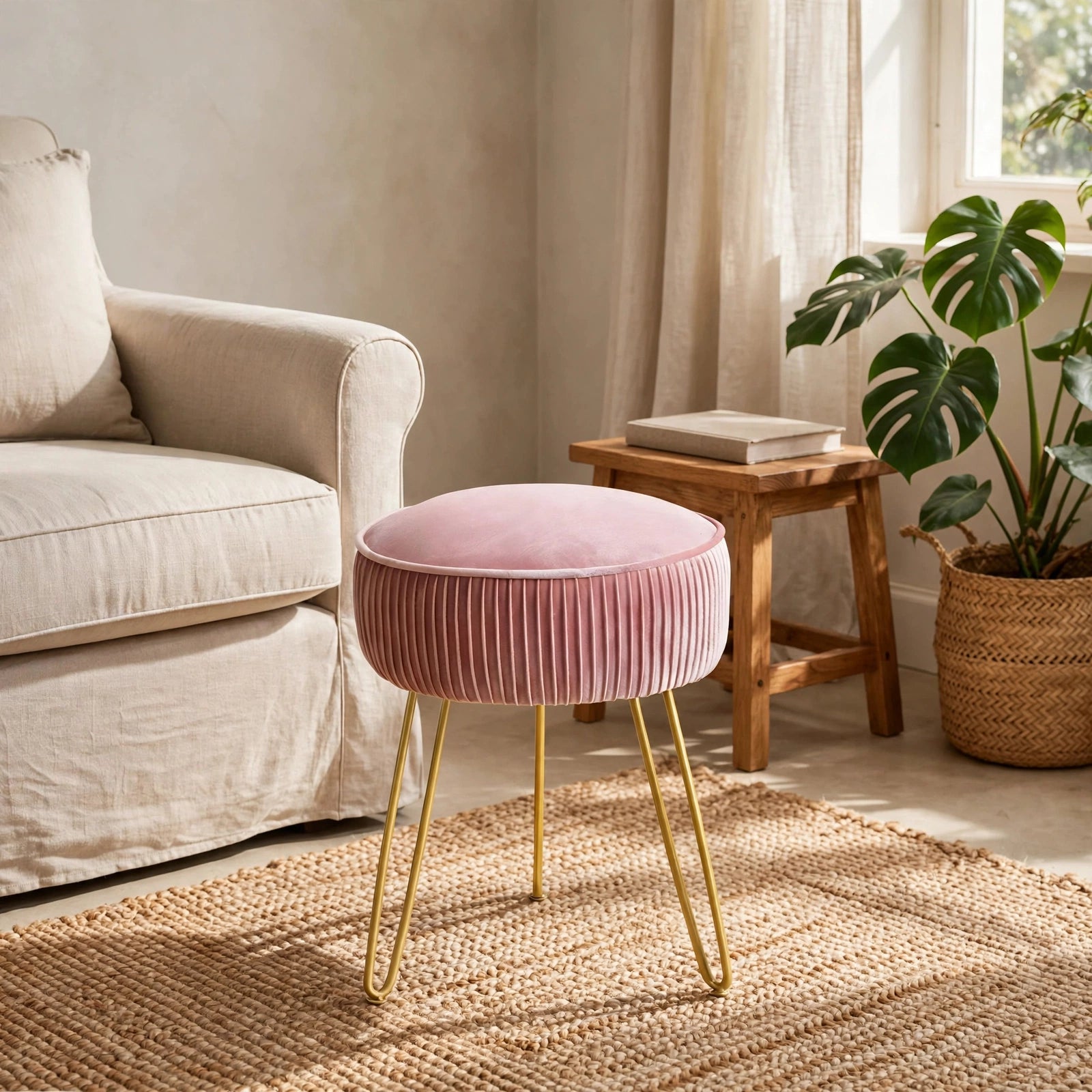 Pleated Velvet Vanity Stool with Gold Metal Legs | Upholstered Makeup Ottoman for Bedroom & Living Room
