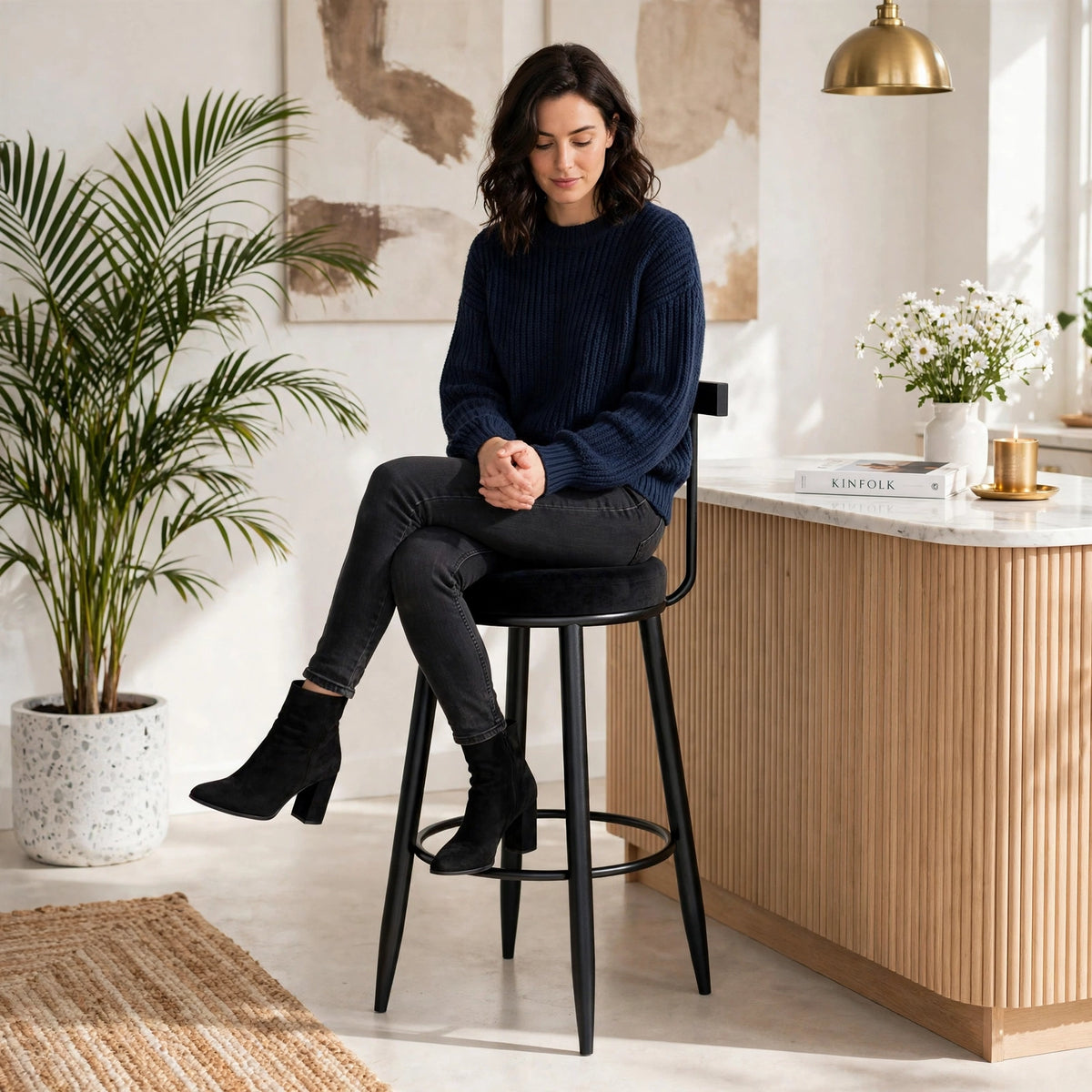 Nutech Decor Velvet Counter Height Bar Stool with Solid Backrest with Black Legs | Kitchen & Bar Seating