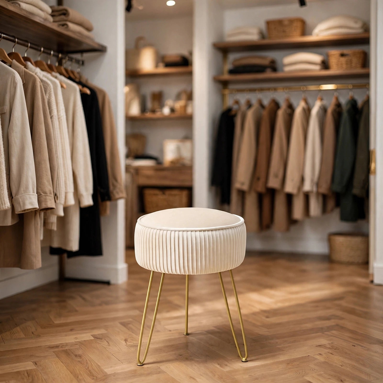 Pleated Velvet Vanity Stool with Gold Metal Legs | Upholstered Makeup Ottoman for Bedroom & Living Room
