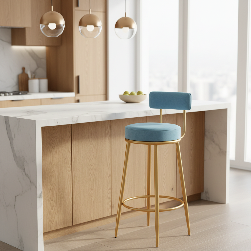Nutech Decor Velvet Counter Height Bar Stool with Padded Backrest with Black & Gold Legs | Kitchen & Bar Seating
