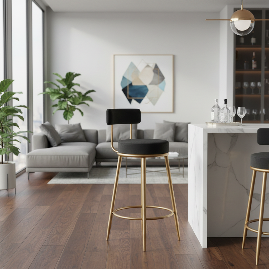 Nutech Decor Velvet Counter Height Bar Stool with Padded Backrest with Black & Gold Legs | Kitchen & Bar Seating