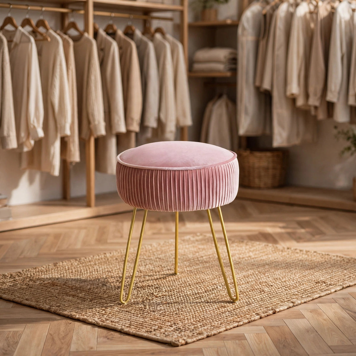 Pleated Velvet Vanity Stool with Gold Metal Legs | Upholstered Makeup Ottoman for Bedroom & Living Room