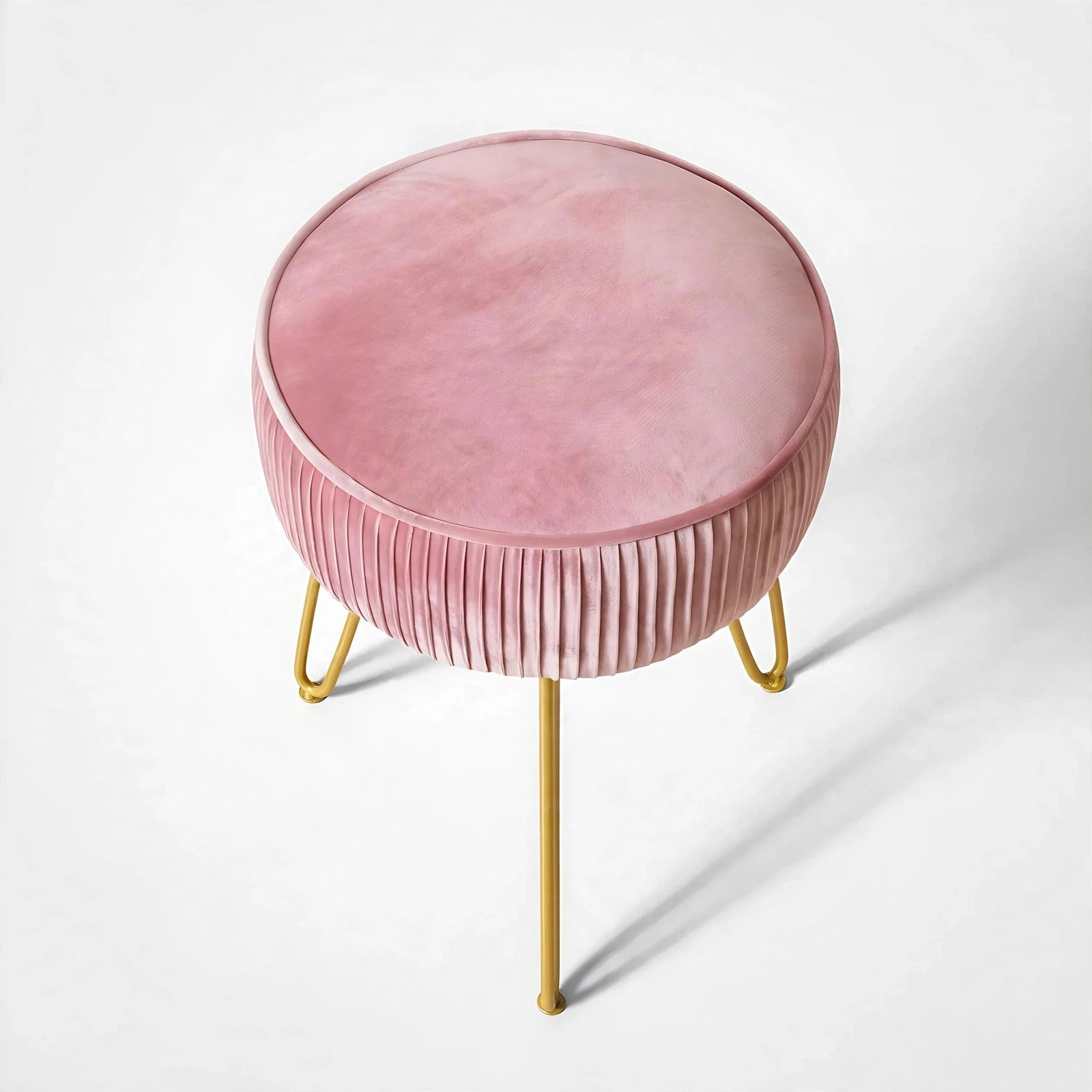 Pleated Velvet Vanity Stool with Gold Metal Legs | Upholstered Makeup Ottoman for Bedroom & Living Room