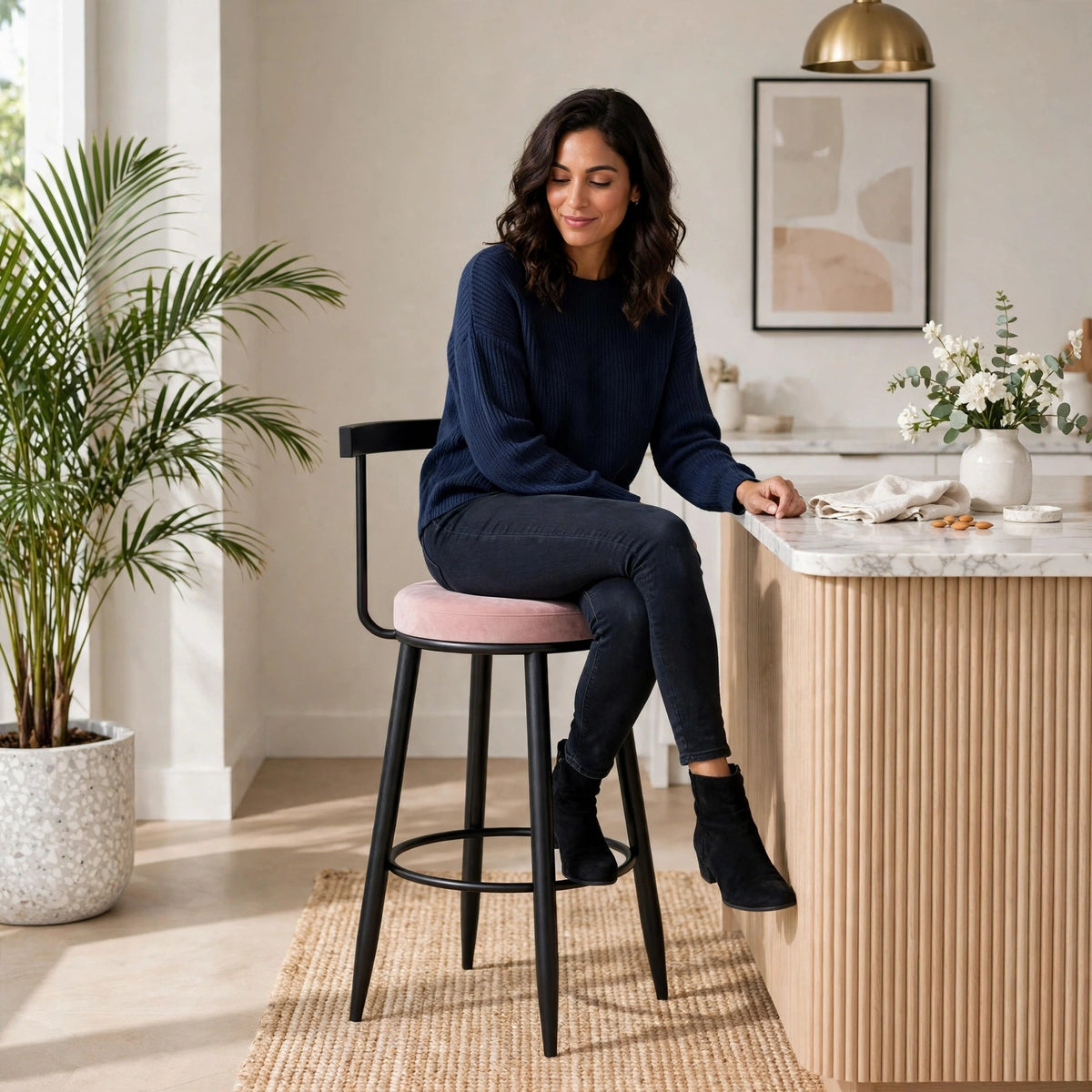 Nutech Decor Velvet Counter Height Bar Stool with Solid Backrest with Black Legs | Kitchen & Bar Seating