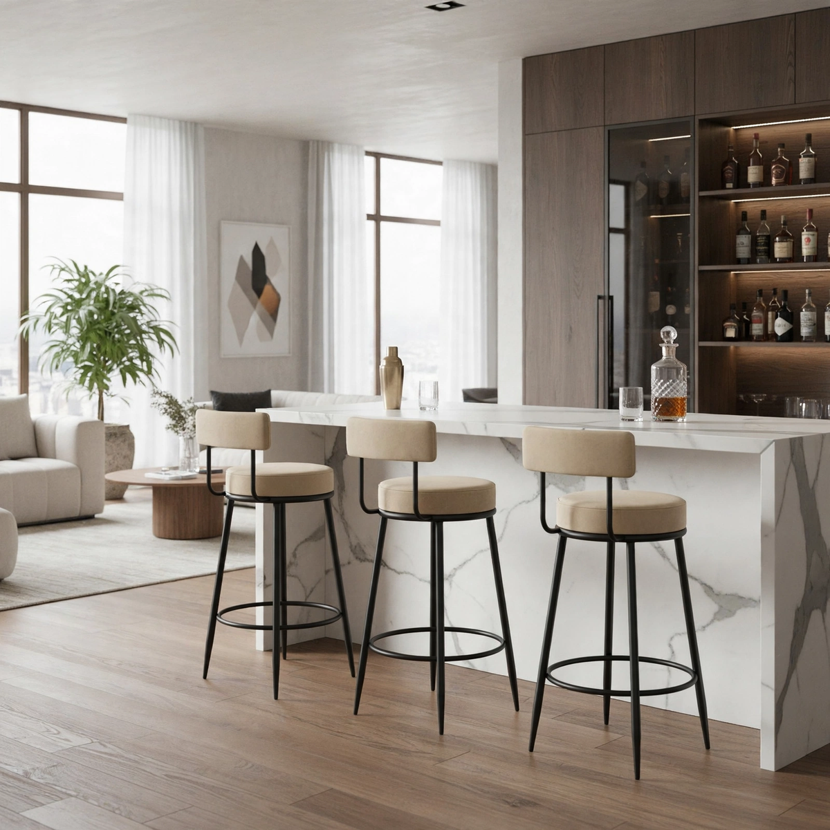 Nutech Decor Velvet Counter Height Bar Stool with Padded Backrest with Black & Gold Legs | Kitchen & Bar Seating