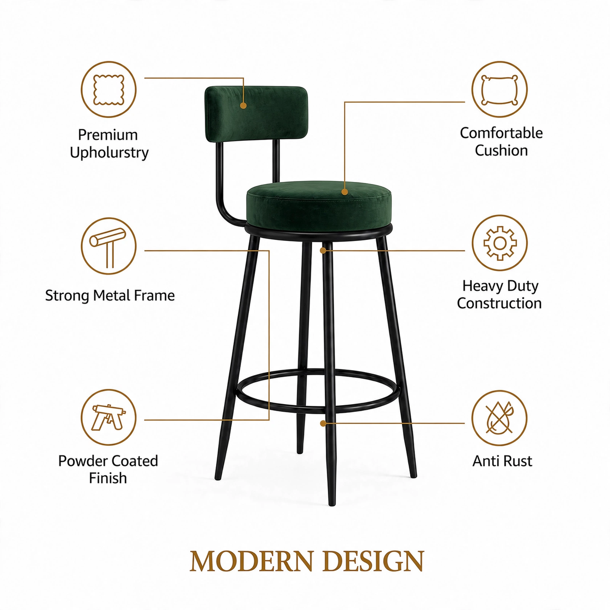 Nutech Decor Velvet Counter Height Bar Stool with Padded Backrest with Black & Gold Legs | Kitchen & Bar Seating