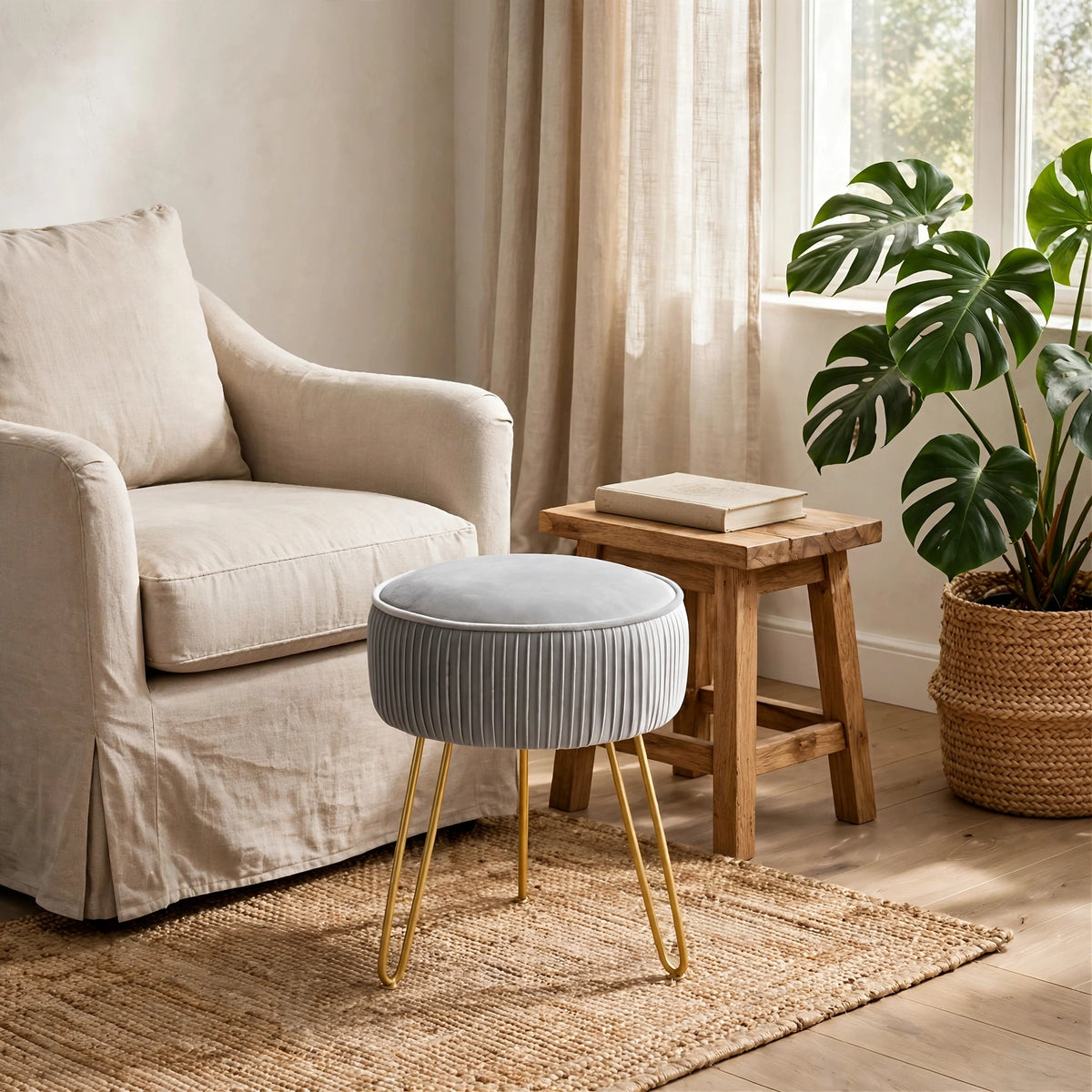 Pleated Velvet Vanity Stool with Gold Metal Legs | Upholstered Makeup Ottoman for Bedroom & Living Room