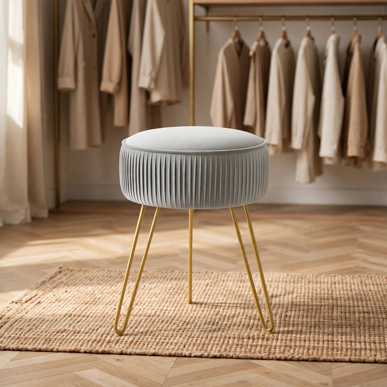 Pleated Velvet Vanity Stool with Gold Metal Legs | Upholstered Makeup Ottoman for Bedroom & Living Room