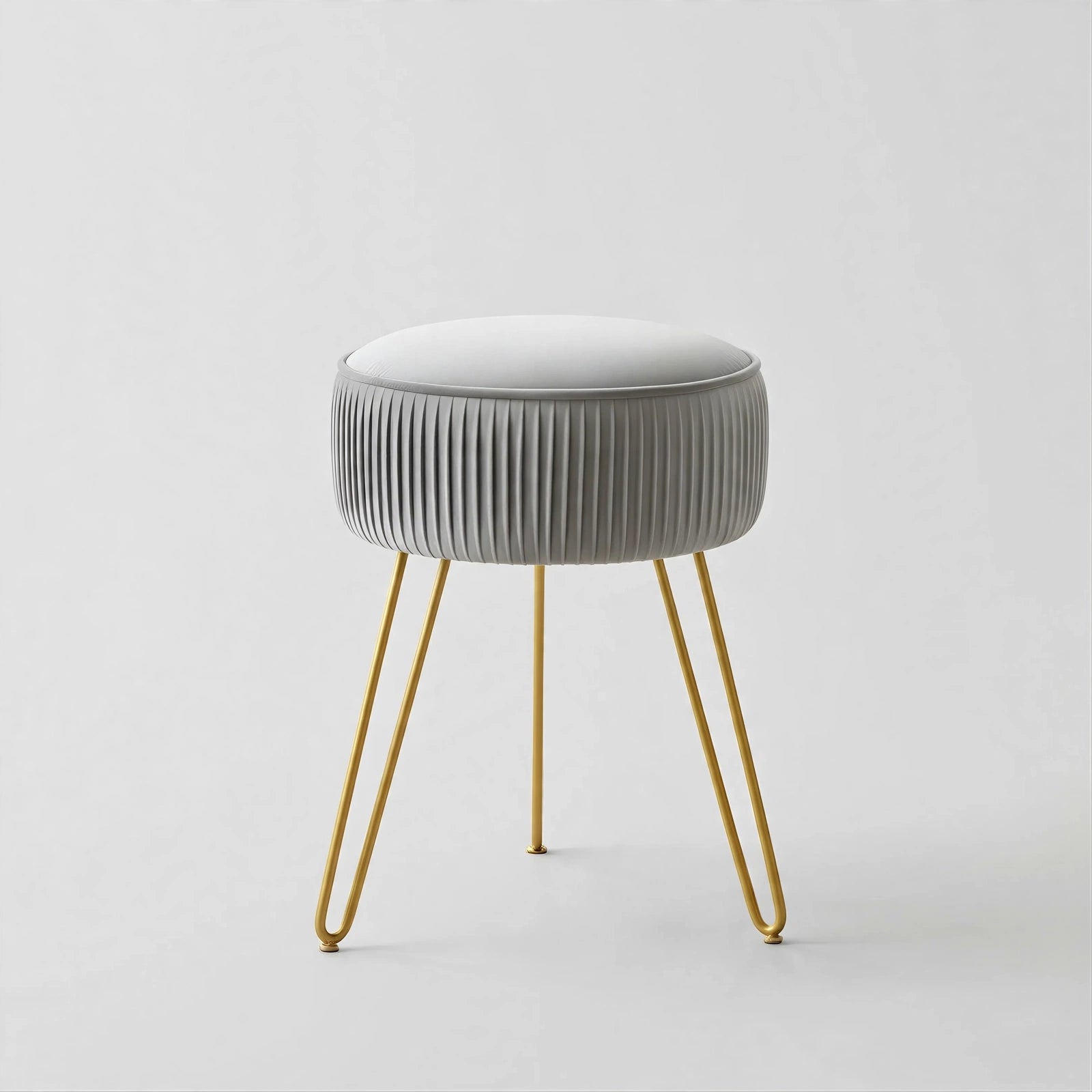Pleated Velvet Vanity Stool with Gold Metal Legs | Upholstered Makeup Ottoman for Bedroom & Living Room