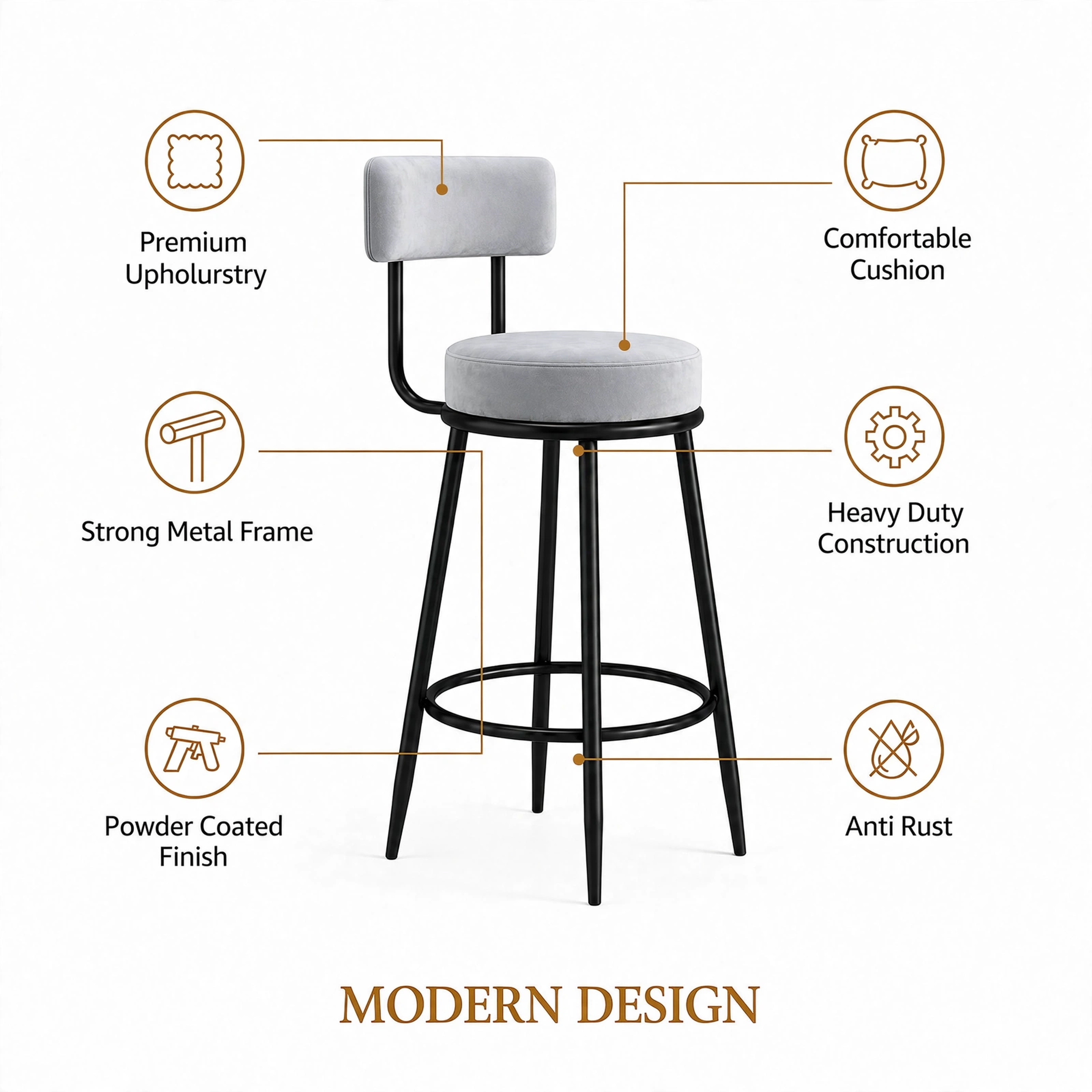 Nutech Decor Velvet Counter Height Bar Stool with Padded Backrest with Black & Gold Legs | Kitchen & Bar Seating