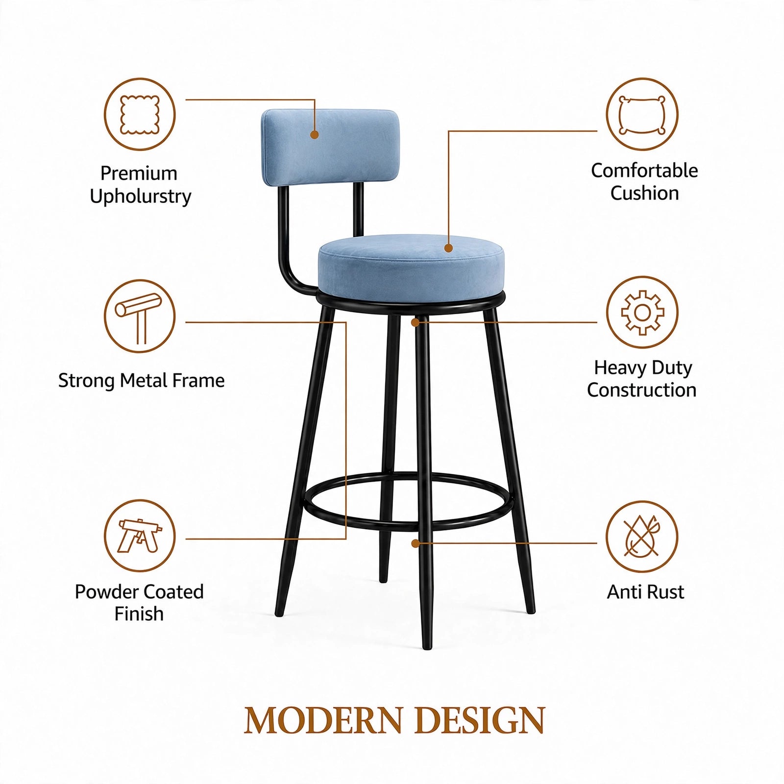 Nutech Decor Velvet Counter Height Bar Stool with Padded Backrest with Black & Gold Legs | Kitchen & Bar Seating