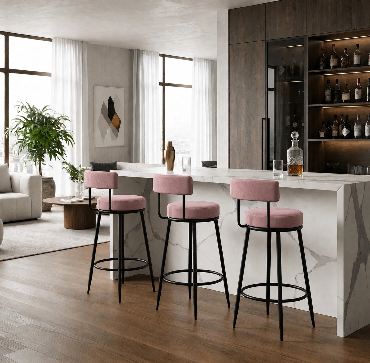 Nutech Decor Velvet Counter Height Bar Stool with Padded Backrest with Black & Gold Legs | Kitchen & Bar Seating