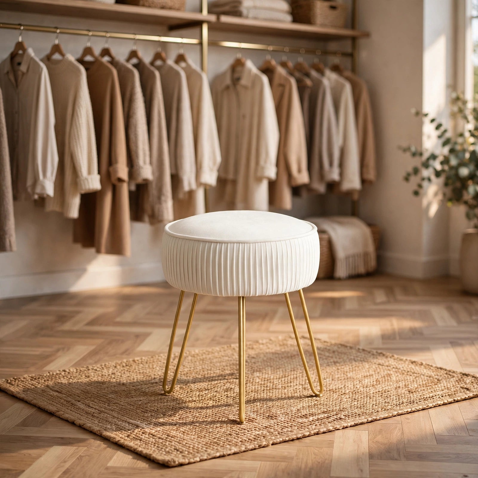 Pleated Velvet Vanity Stool with Gold Metal Legs | Upholstered Makeup Ottoman for Bedroom & Living Room