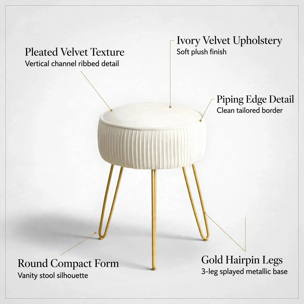 Pleated Velvet Vanity Stool with Gold Metal Legs | Upholstered Makeup Ottoman for Bedroom & Living Room