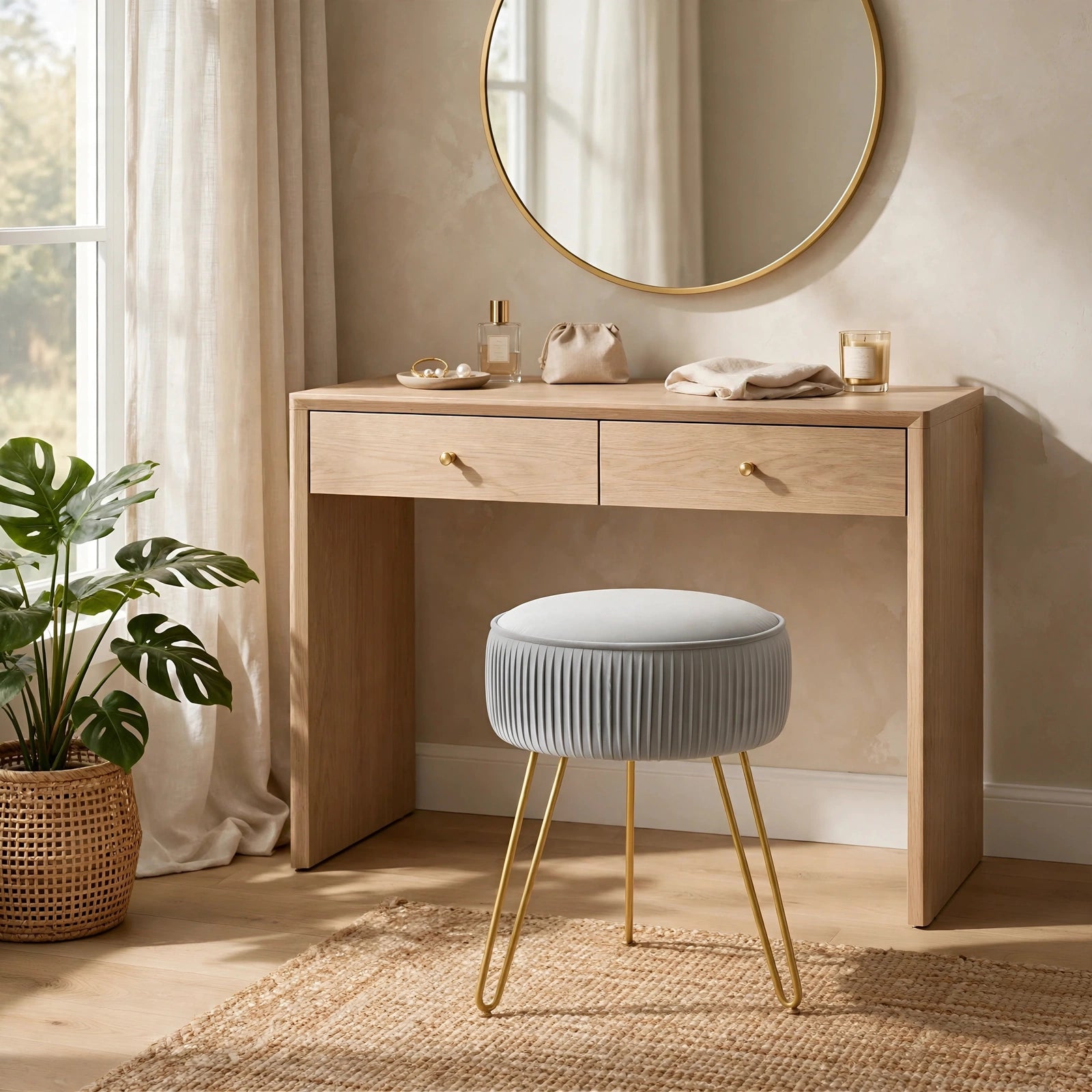 Pleated Velvet Vanity Stool with Gold Metal Legs | Upholstered Makeup Ottoman for Bedroom & Living Room