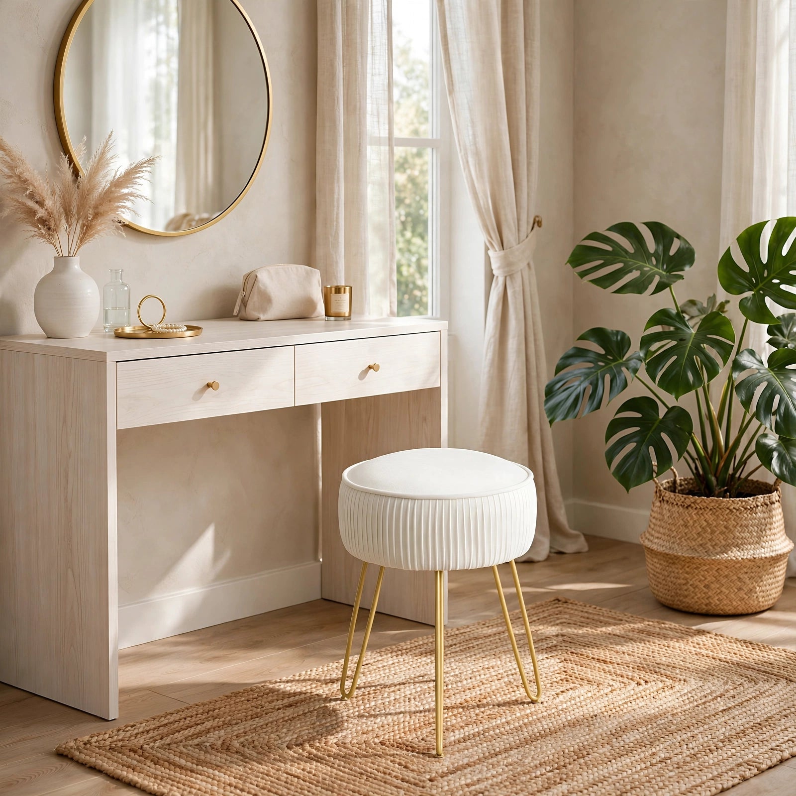 Pleated Velvet Vanity Stool with Gold Metal Legs | Upholstered Makeup Ottoman for Bedroom & Living Room