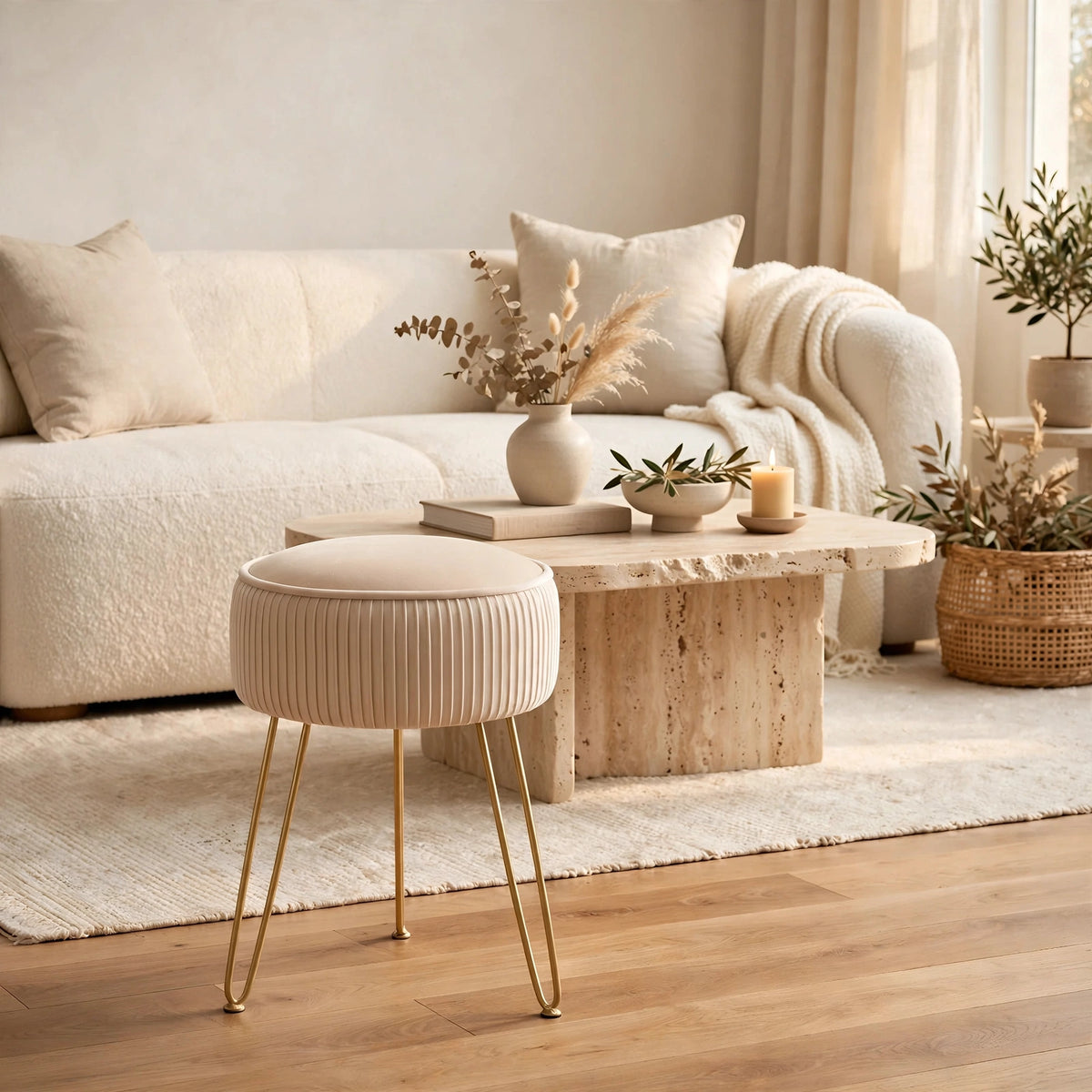 Pleated Velvet Vanity Stool with Gold Metal Legs | Upholstered Makeup Ottoman for Bedroom & Living Room