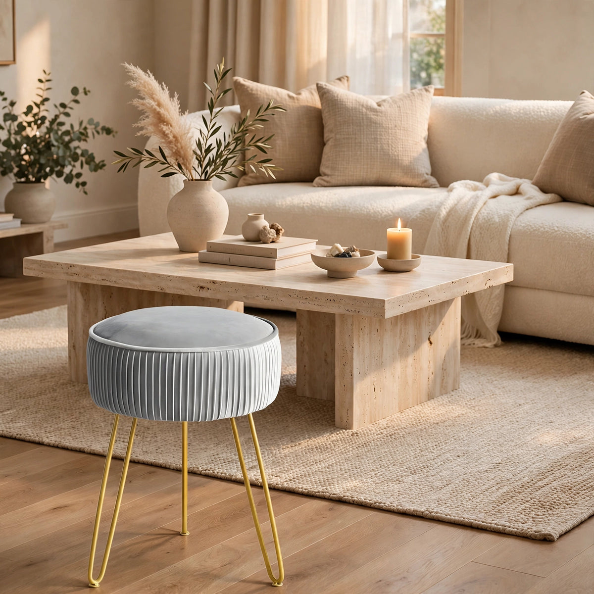 Pleated Velvet Vanity Stool with Gold Metal Legs | Upholstered Makeup Ottoman for Bedroom & Living Room