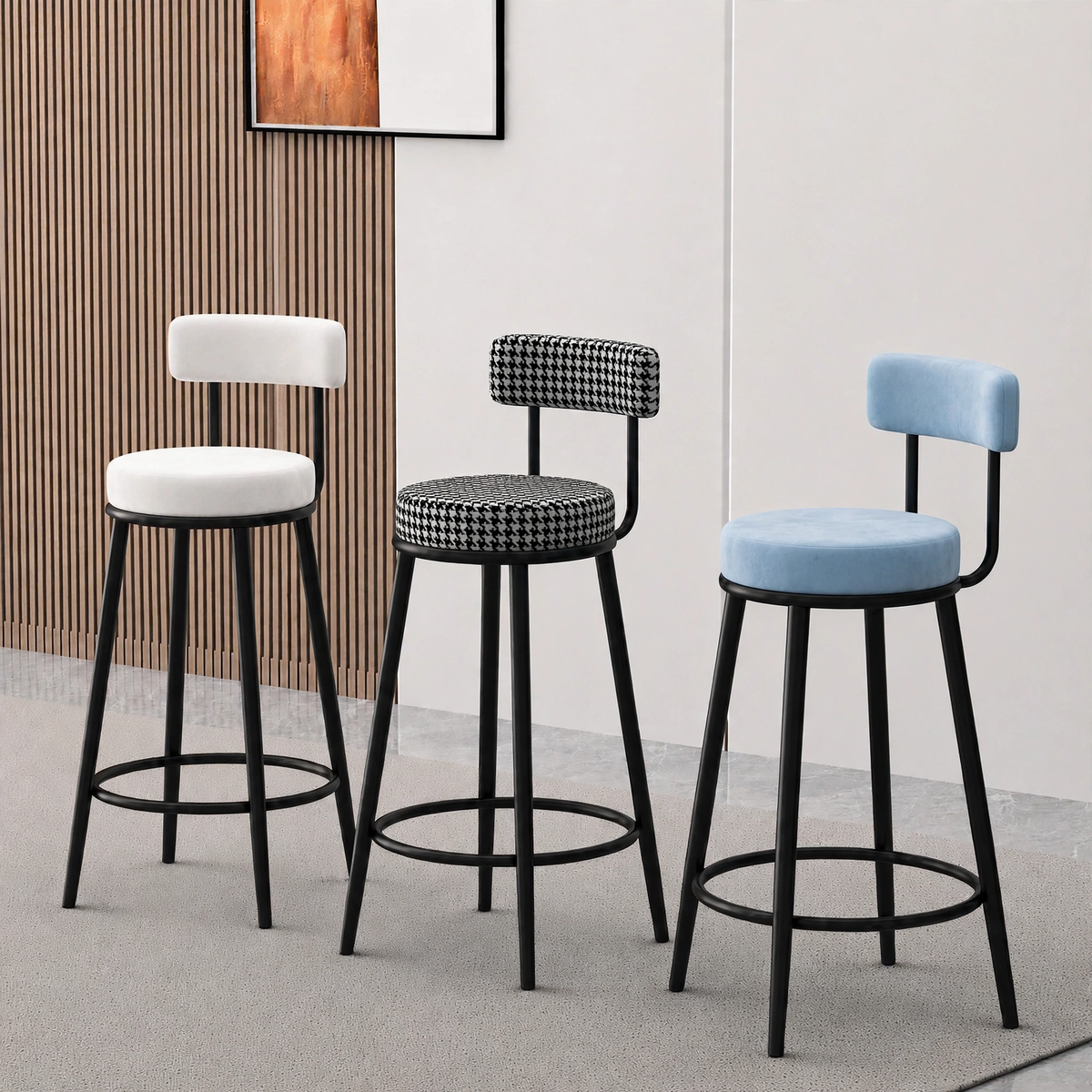 Nutech Decor Velvet Counter Height Bar Stool with Padded Backrest with Black & Gold Legs | Kitchen & Bar Seating