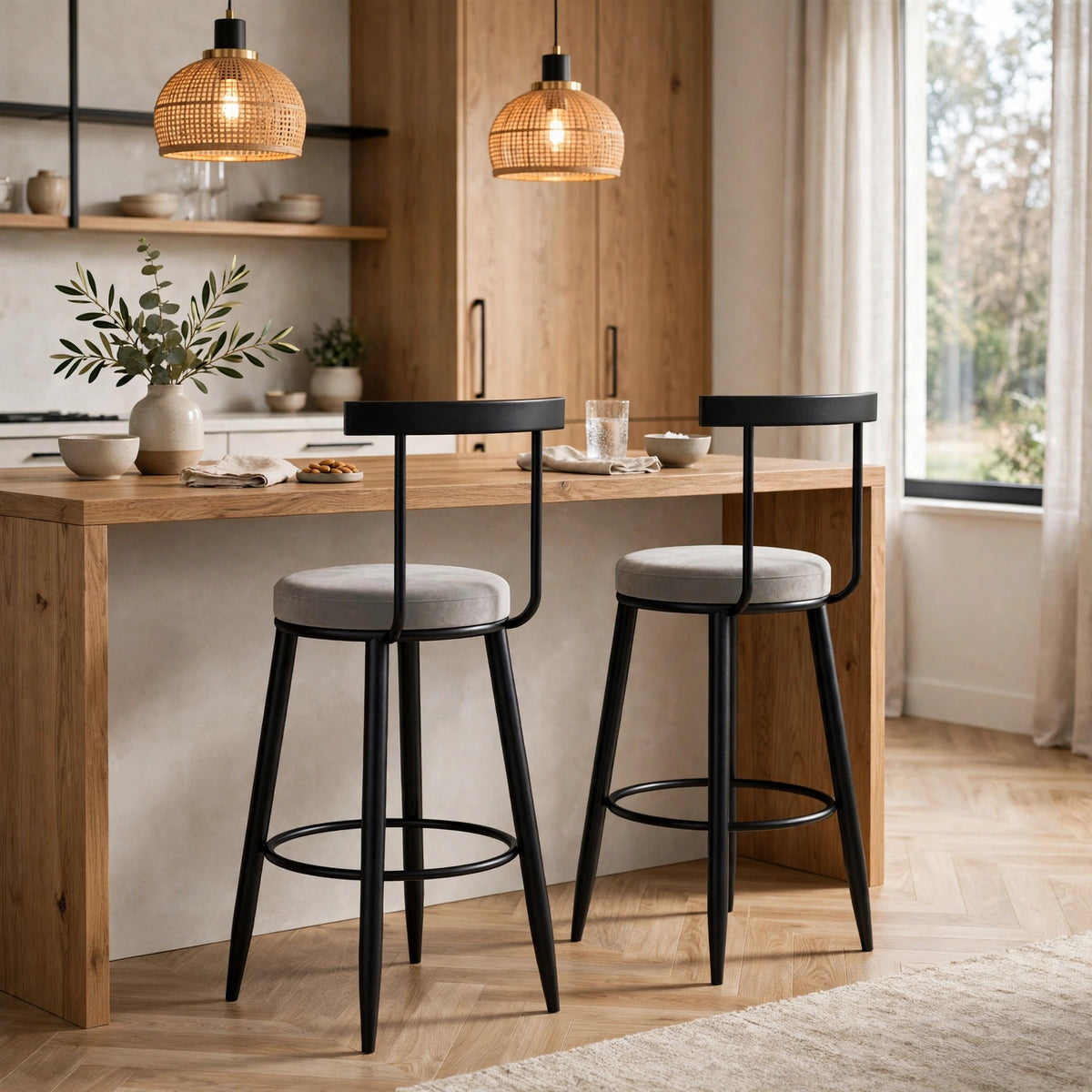 Nutech Decor Velvet Counter Height Bar Stool with Solid Backrest with Black & Gold Legs | Kitchen & Bar Seating