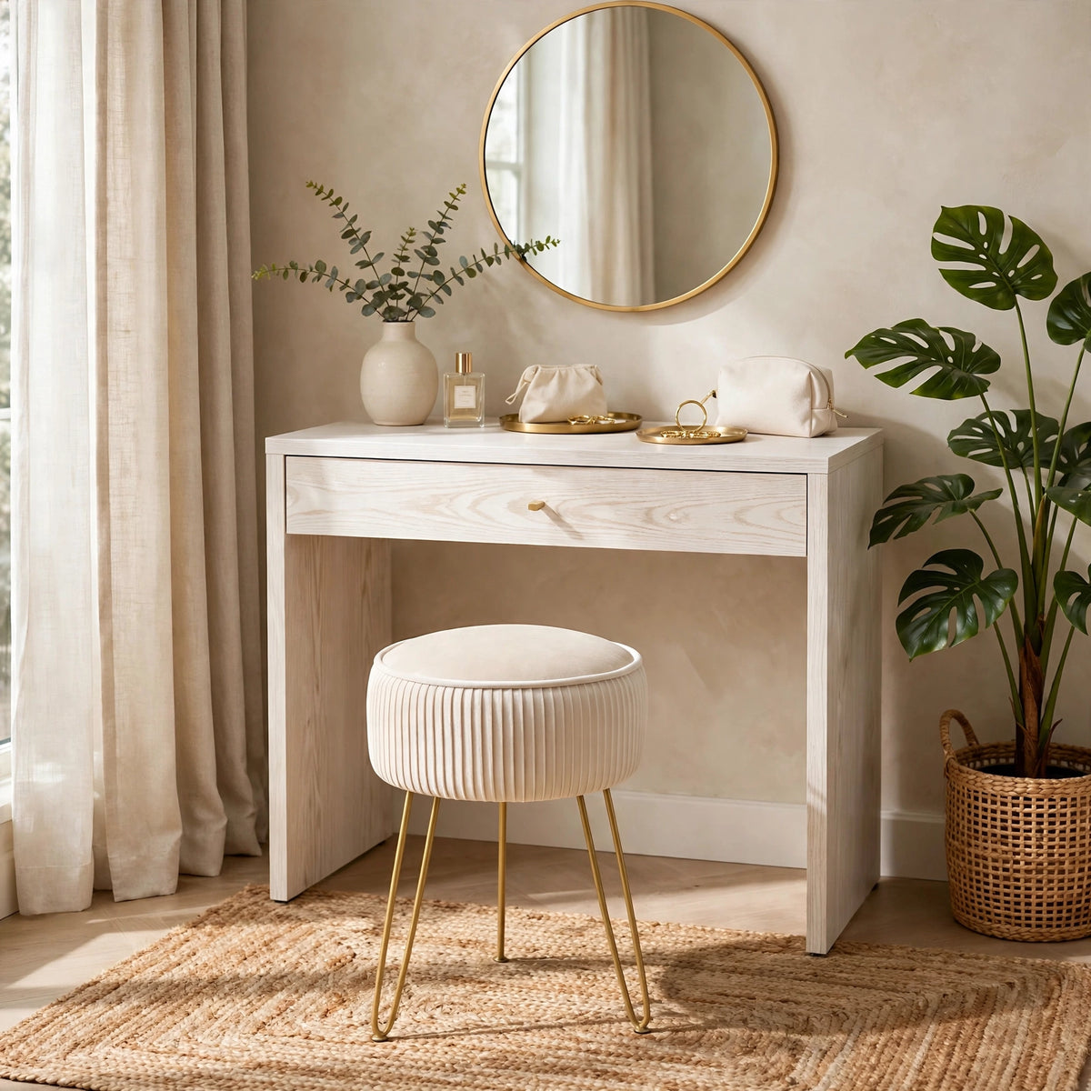 Pleated Velvet Vanity Stool with Gold Metal Legs | Upholstered Makeup Ottoman for Bedroom & Living Room