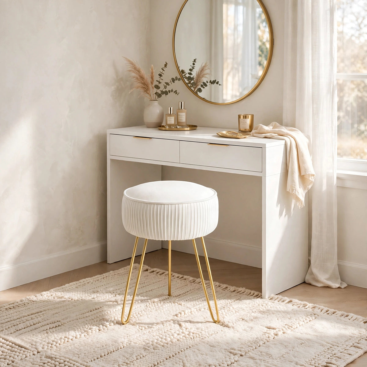 Pleated Velvet Vanity Stool with Gold Metal Legs | Upholstered Makeup Ottoman for Bedroom & Living Room