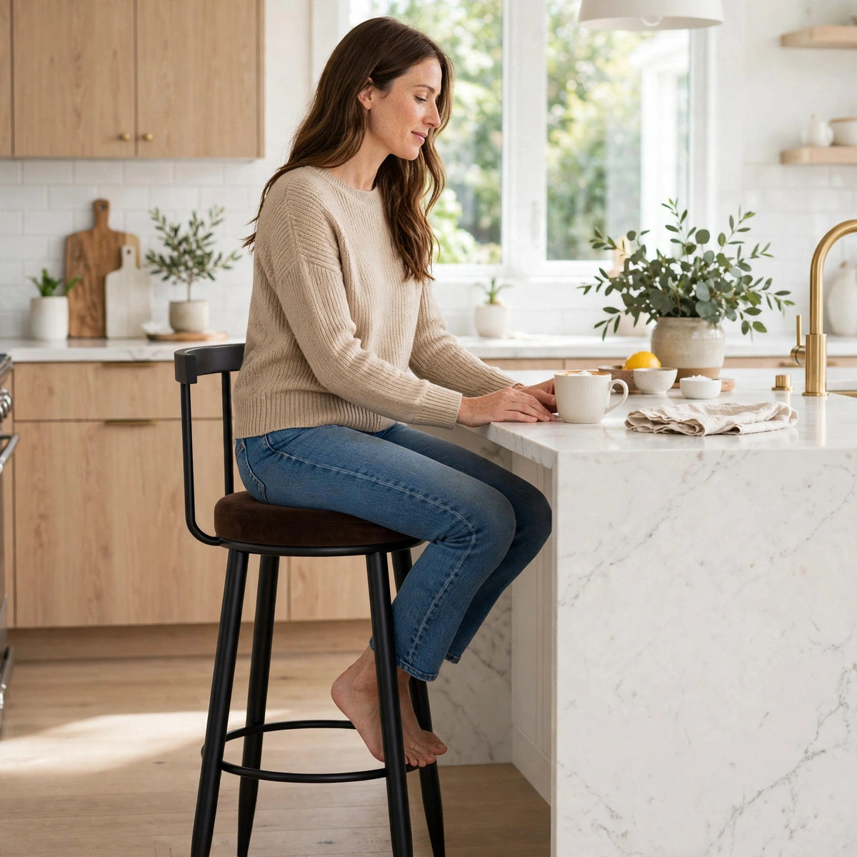 Nutech Decor Velvet Counter Height Bar Stool with Solid Backrest with Black Legs | Kitchen & Bar Seating